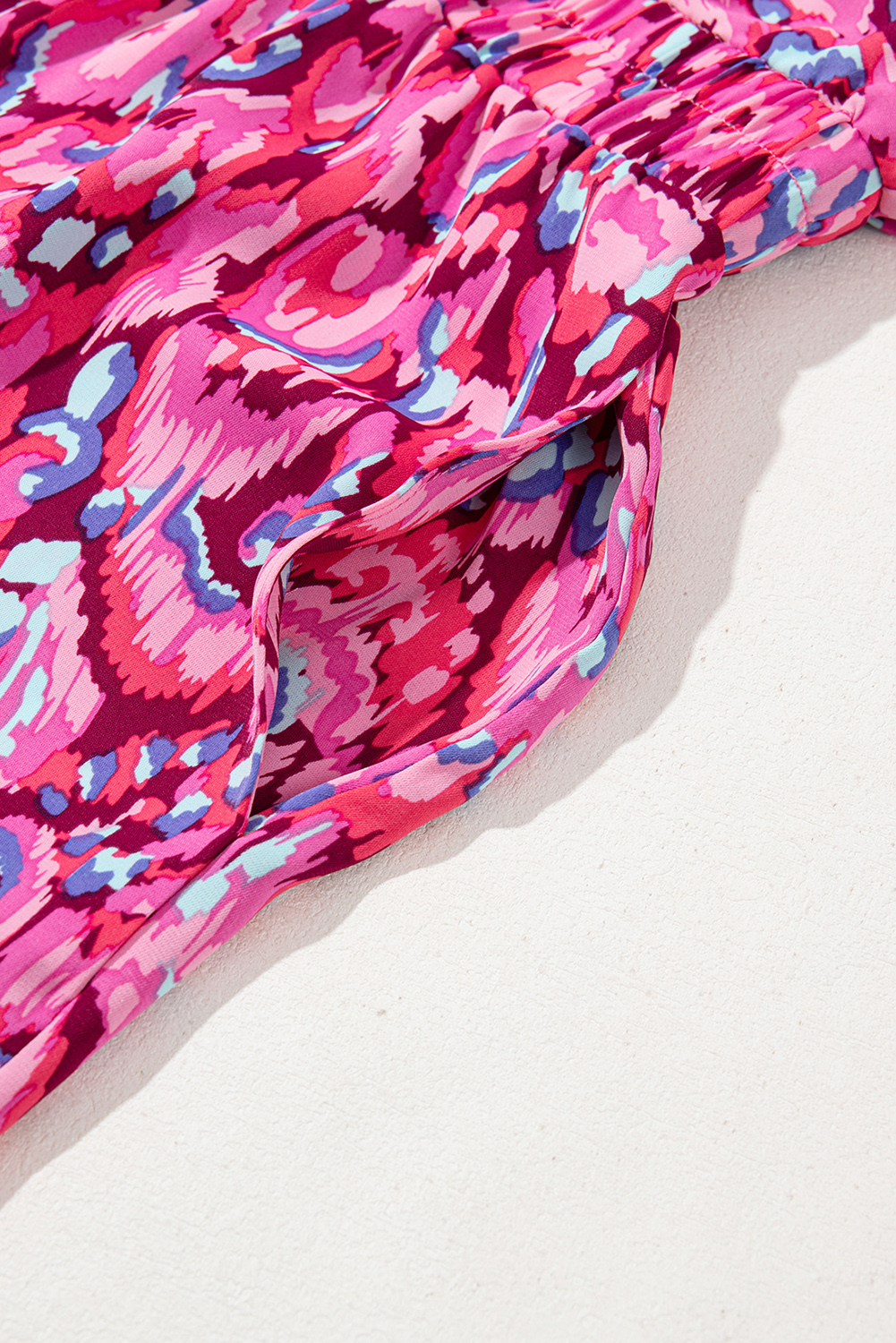 Pink Abstract Print Puff Sleeve V Neck High Waist Romper - loveforevers