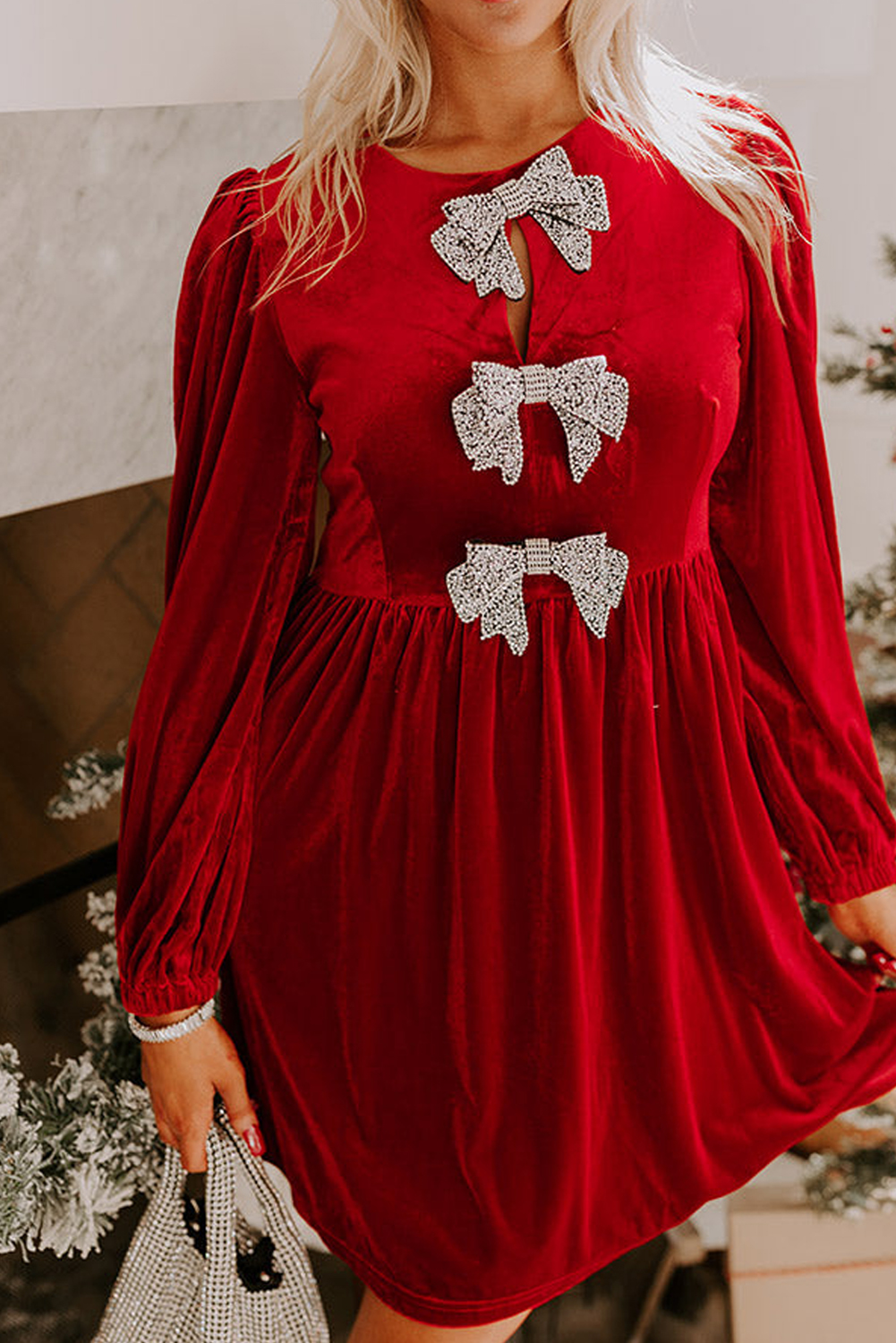 Fiery Red Bowknot Decor High Waist Velvet Mini Dress - loveforevers