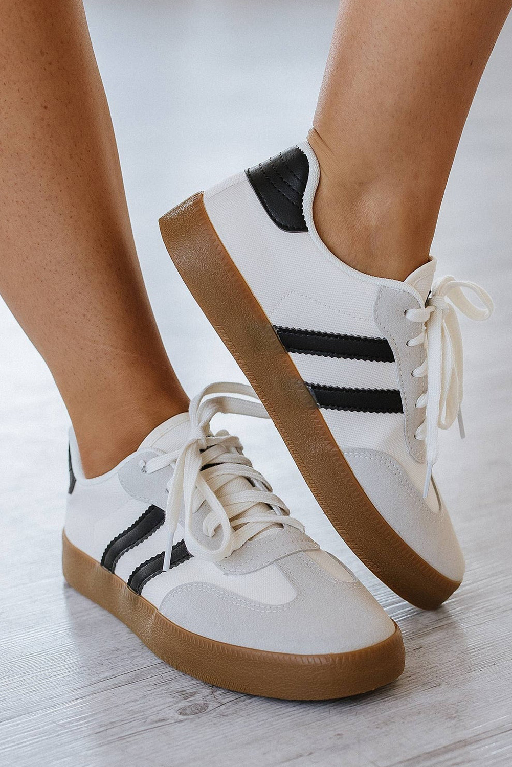 White Striped Lace-up Flat Sneakers - loveforevers