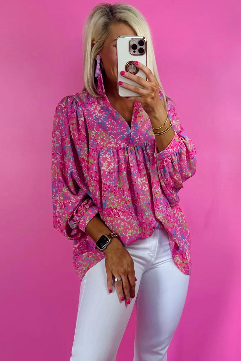 Bonbon Abstract Print Collared V Neck Babydoll Blouse - loveforevers