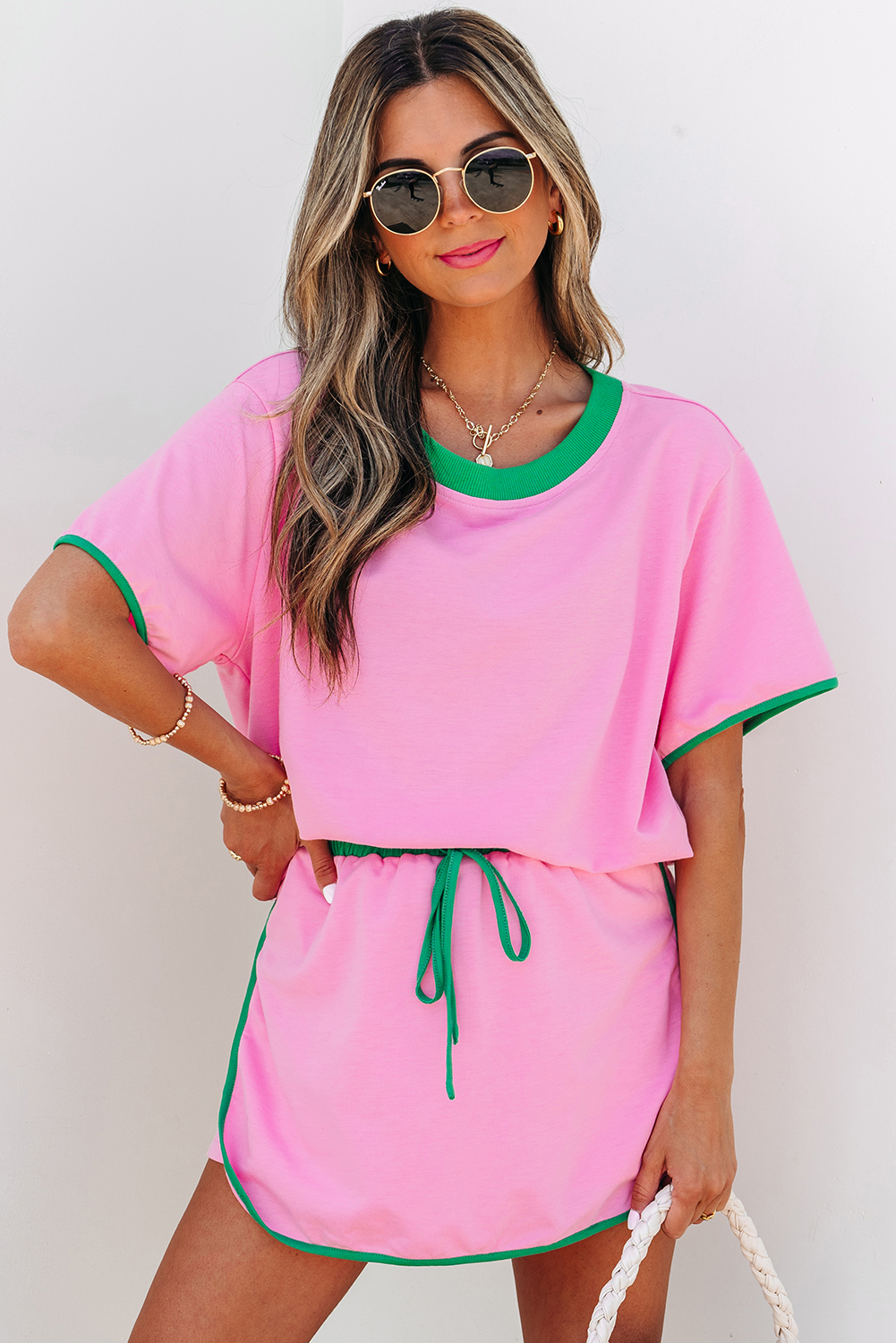 Bonbon Colorblock Edge Drop Shoulder T Shirt and Skort 2Pcs Set - loveforevers