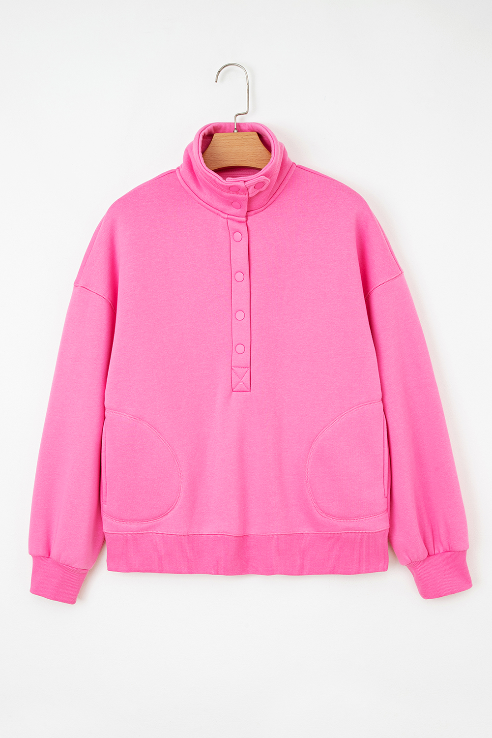 Bright Pink Half Button Stand Neck Drop Shoulder Sweatshirt - loveforevers