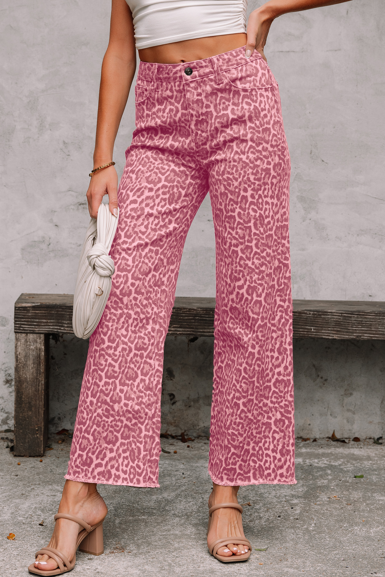 Rose Leopard Frayed Edge Wide Leg High Waist Jeans - loveforevers