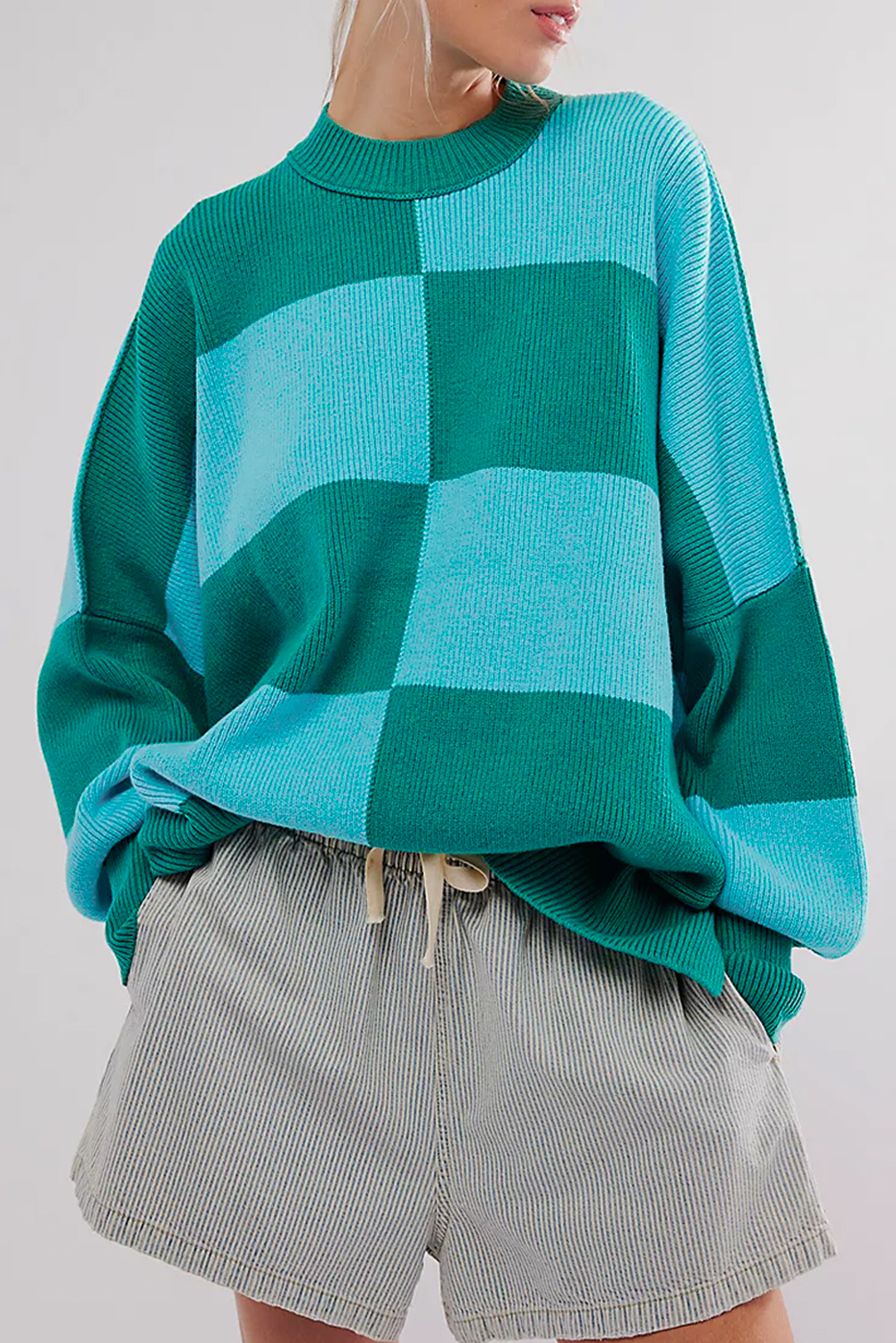Green Checkered Side Slits Drop Shoulder Oversized Sweater - loveforevers