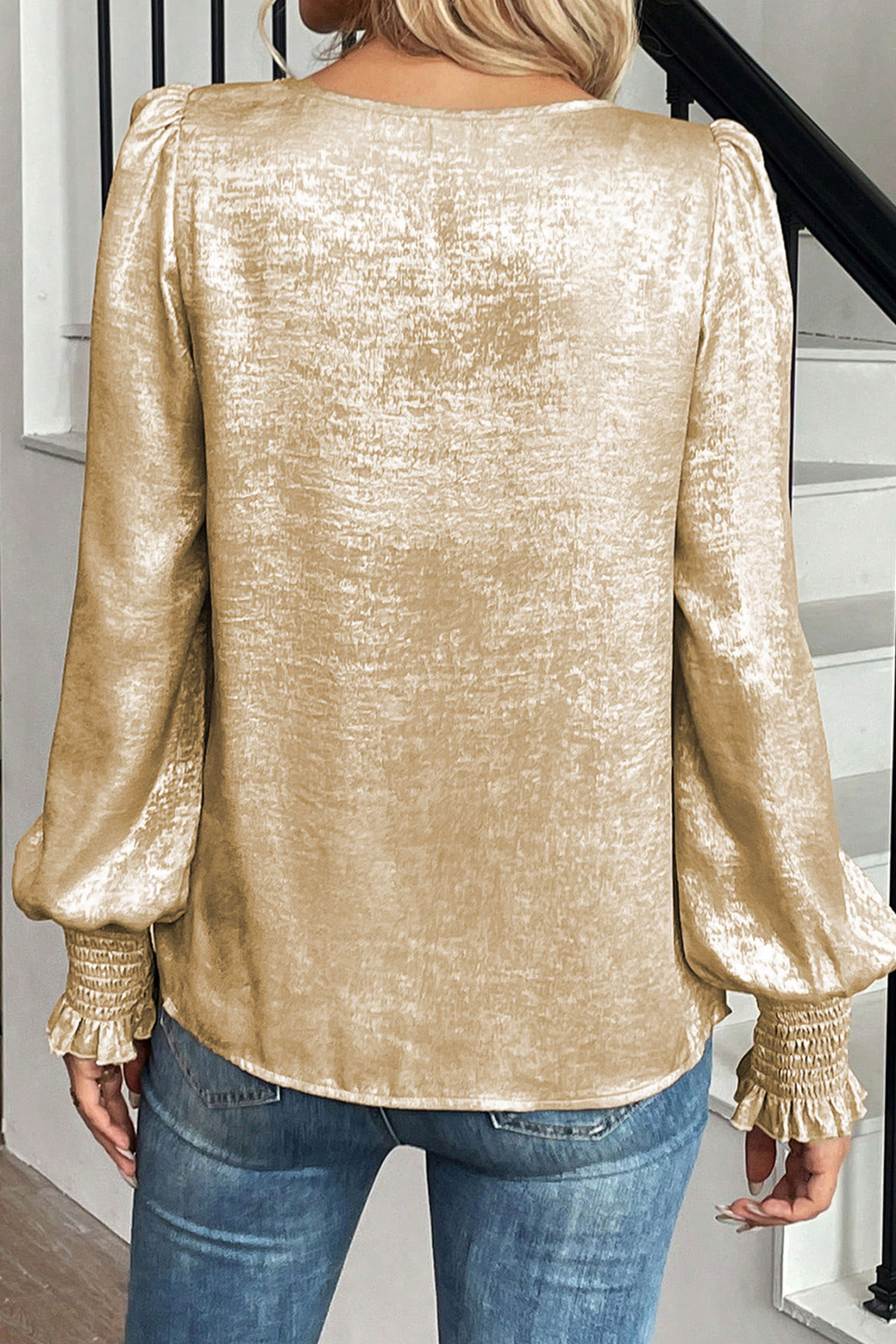 Apricot Metallic Round Neck Smocked Long Sleeve Blouse - loveforevers