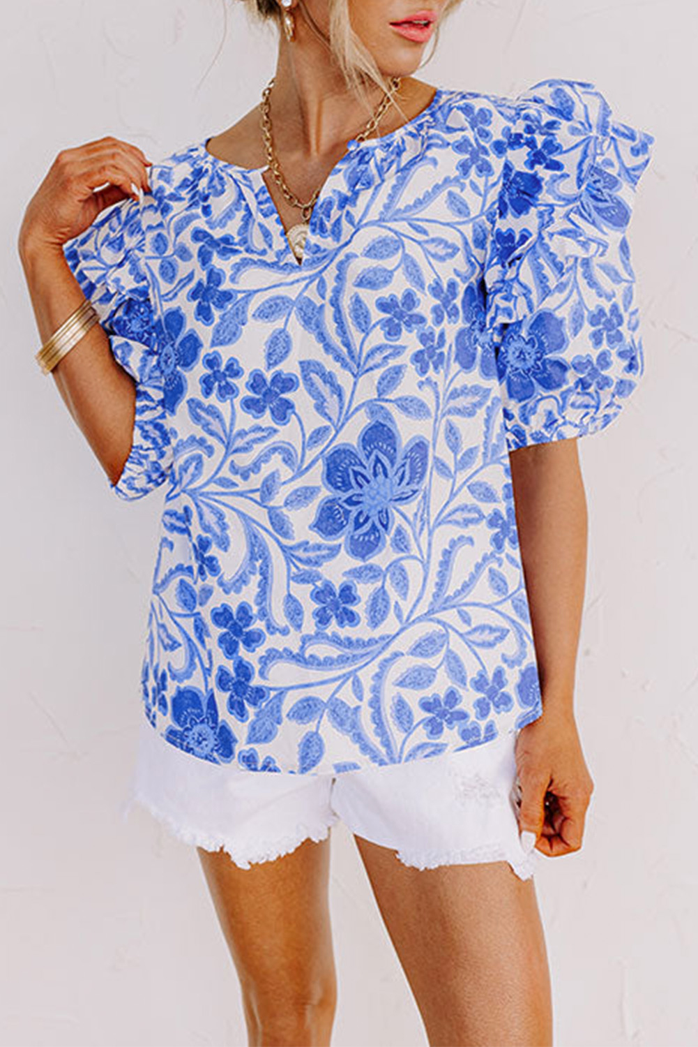 Dark Blue Floral Print Ruffled Bubble Sleeve Blouse - loveforevers