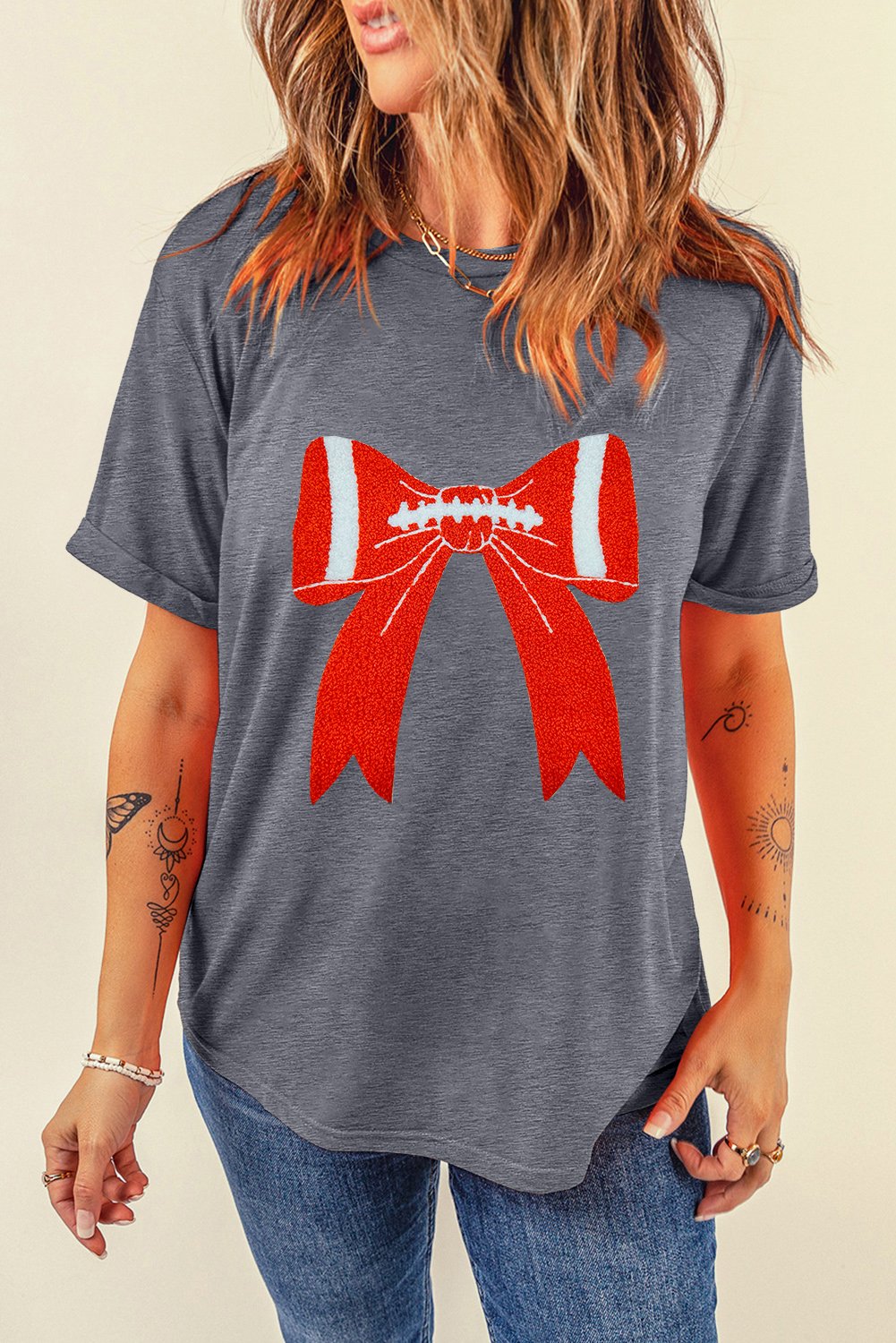Gray Contrast Bowknot Game Day Graphic Tee - loveforevers