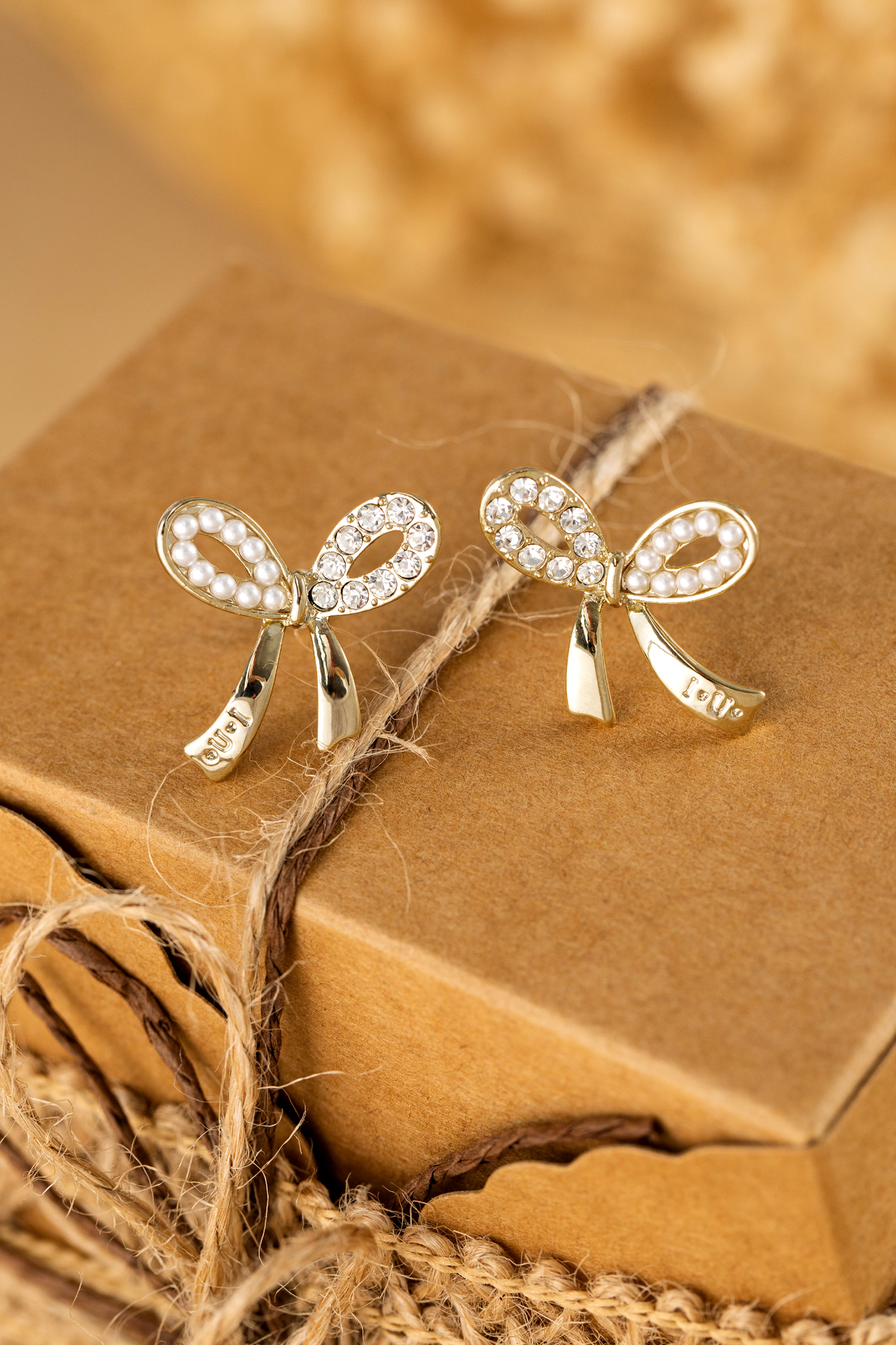Gold Rhinestone Pearl Bow Earrings - loveforevers