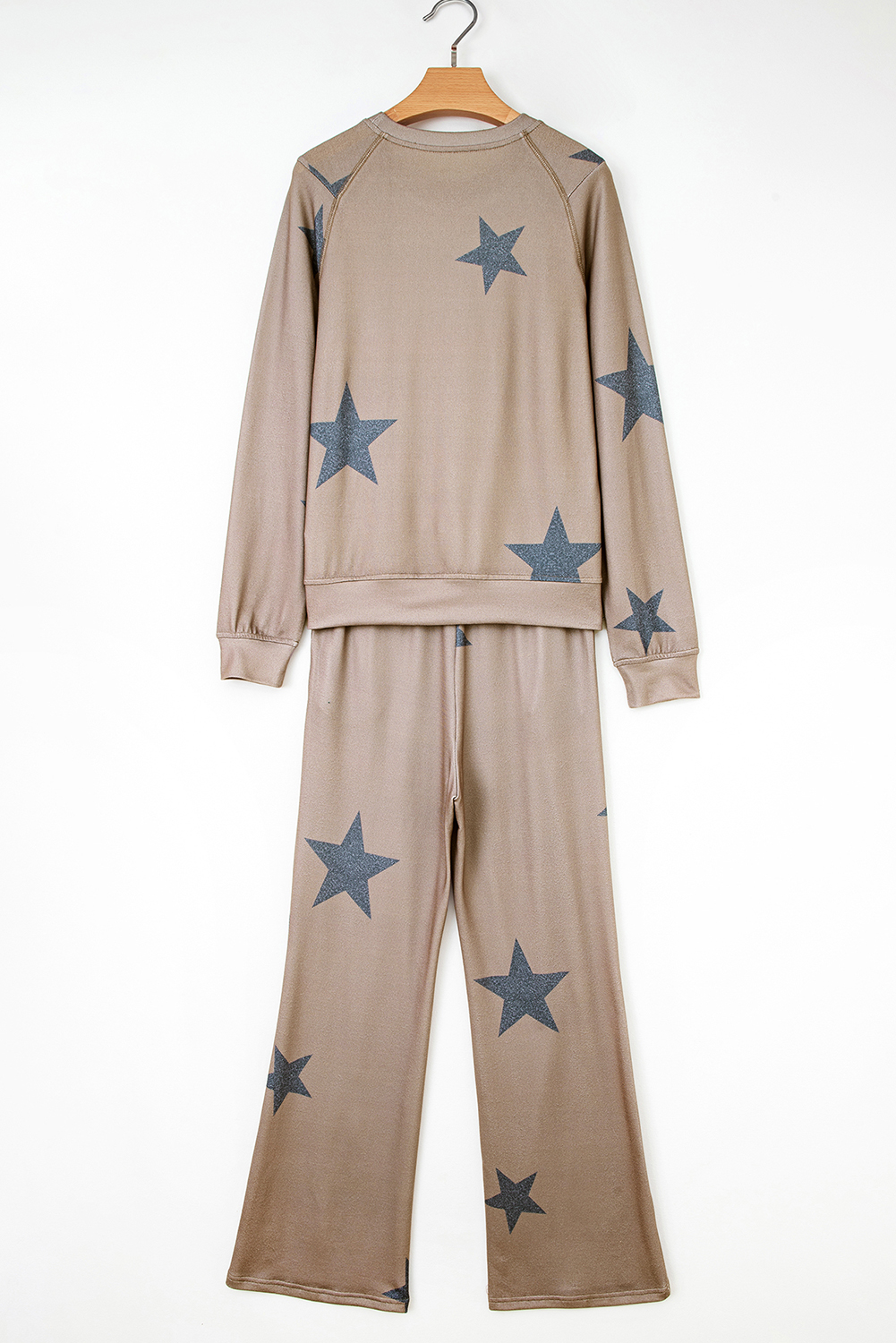 Khaki Retro Star Print Loose Long Sleeve Drawstring Wide Leg 2pcs Lounge Set - loveforevers