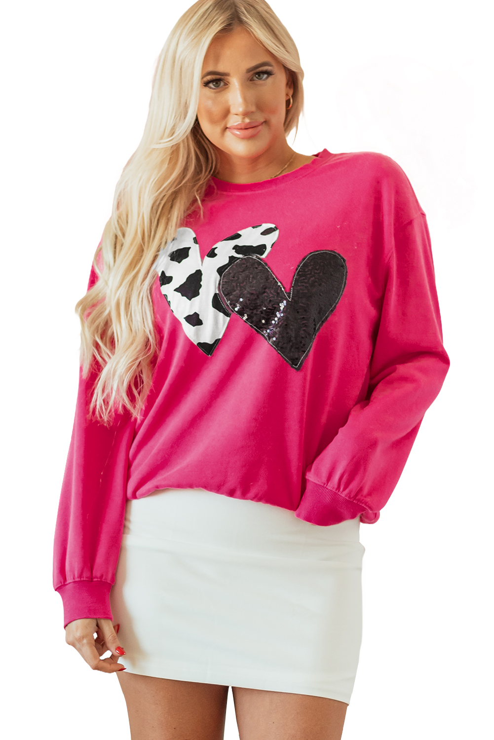 Strawberry Pink Cow & Sequin Double Heart Patch Graphic Sweatshirt - loveforevers