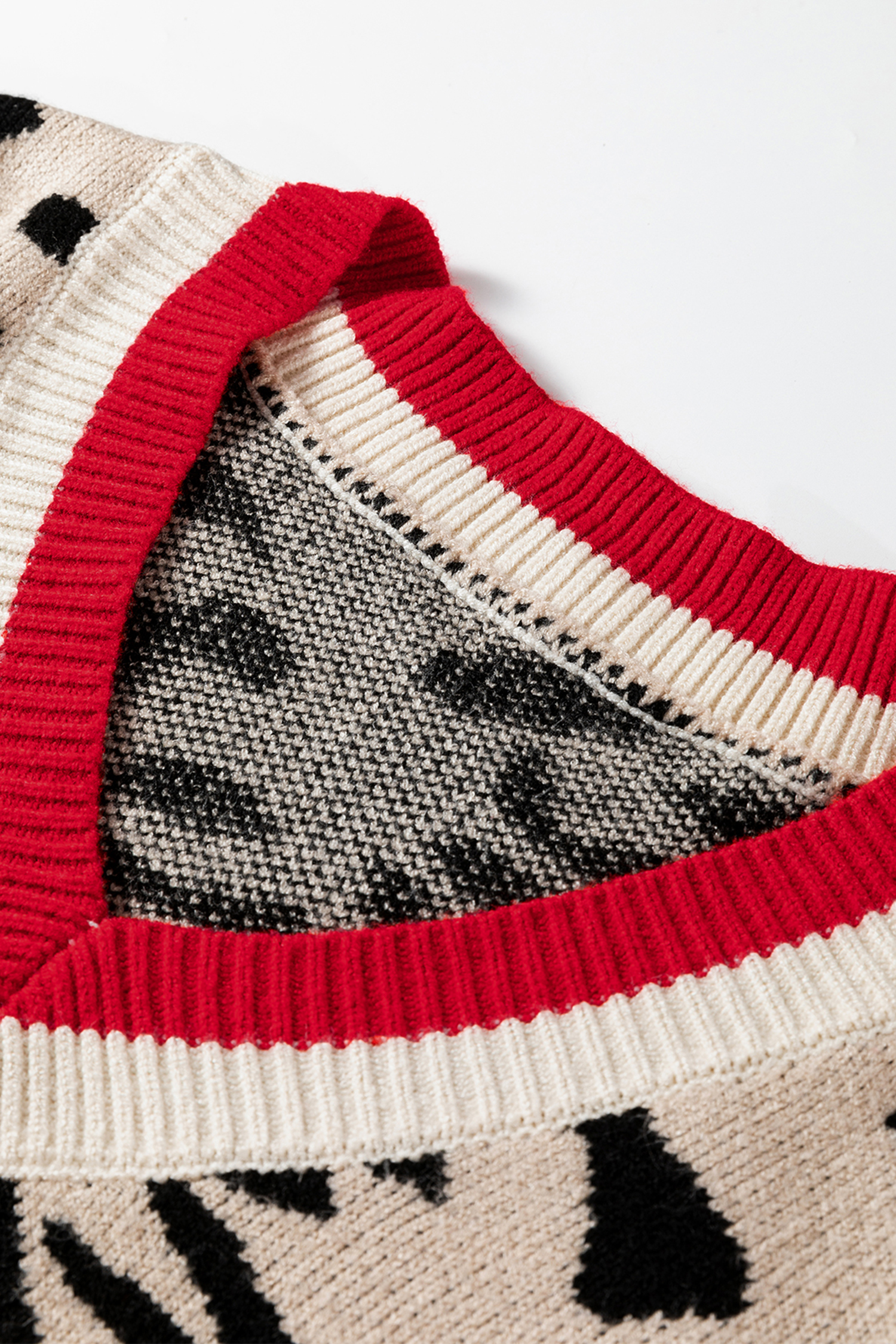 Khaki Leopard Pattern V-Neck Contrast Rib Knitted Sweater - loveforevers