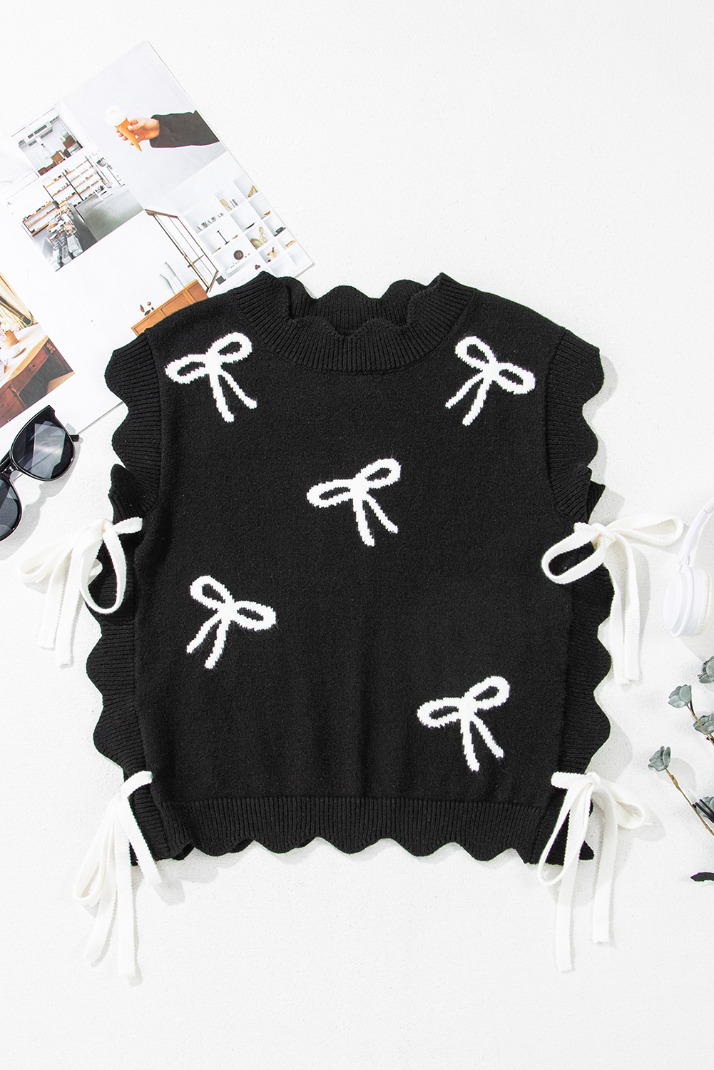 Black Bow Print Side Ties Scalloped Hem Sweater T Shirt - loveforevers