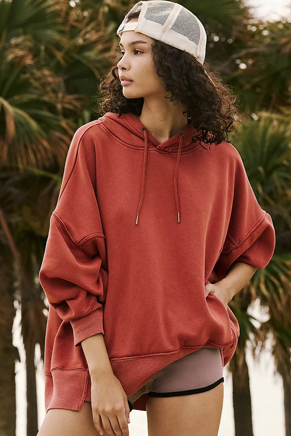 Red Clay Drop Shoulder Pocketed Baggy Drawstring Hoodie - loveforevers