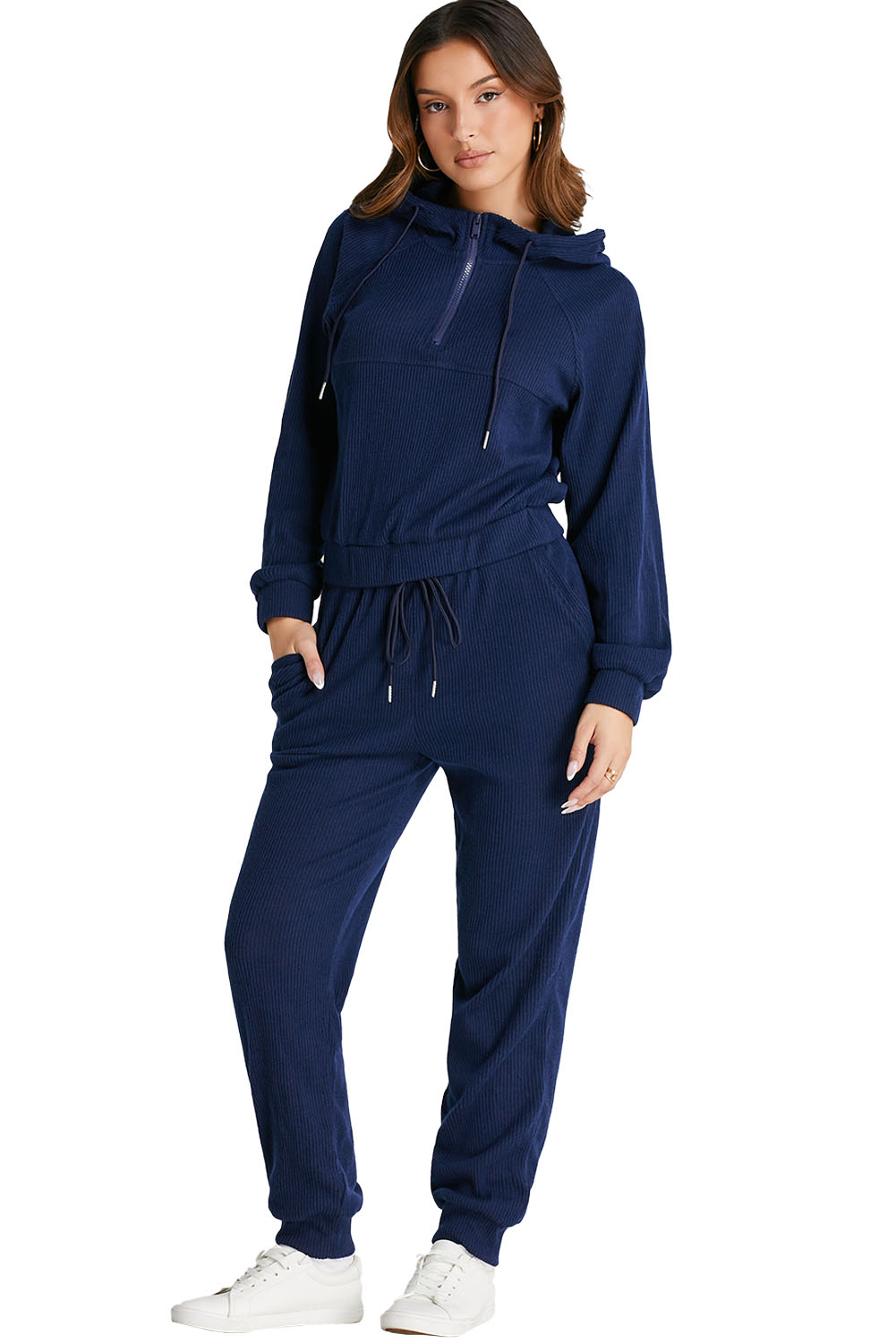 Navy Blue Ribbed Knit Cropped Hoodie and Drawstring Joggers Set - loveforevers