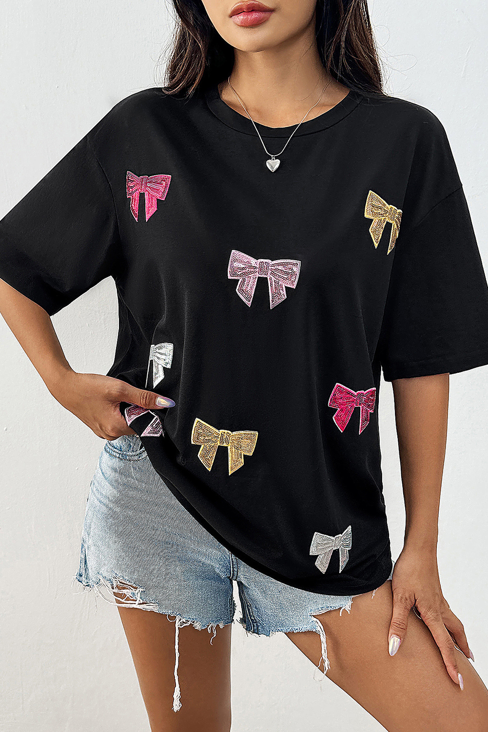 Black Shiny Bow Loose T Shirt - loveforevers