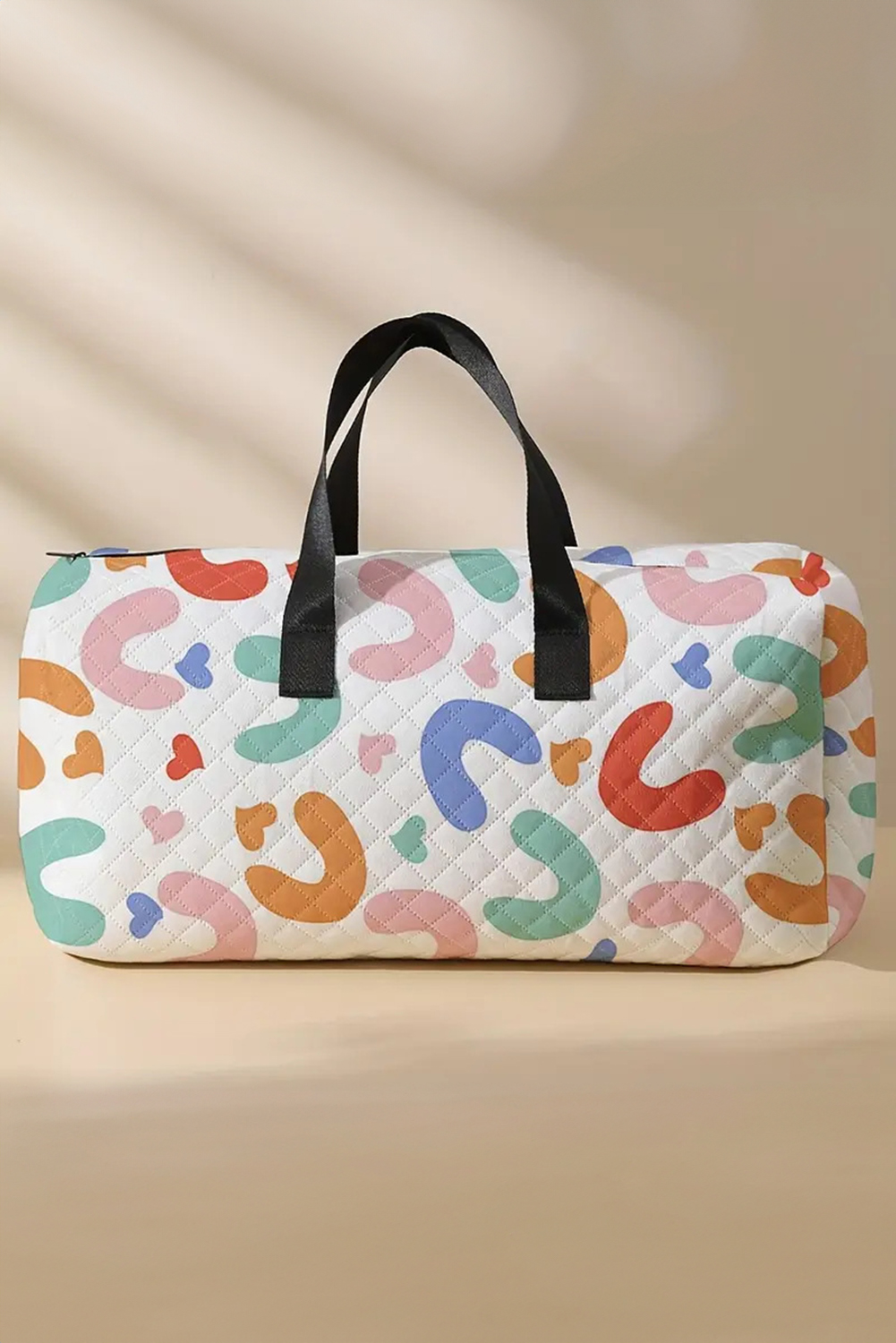 White Heart Shape Print Quilted Zipper Large Duffel Bag - loveforevers
