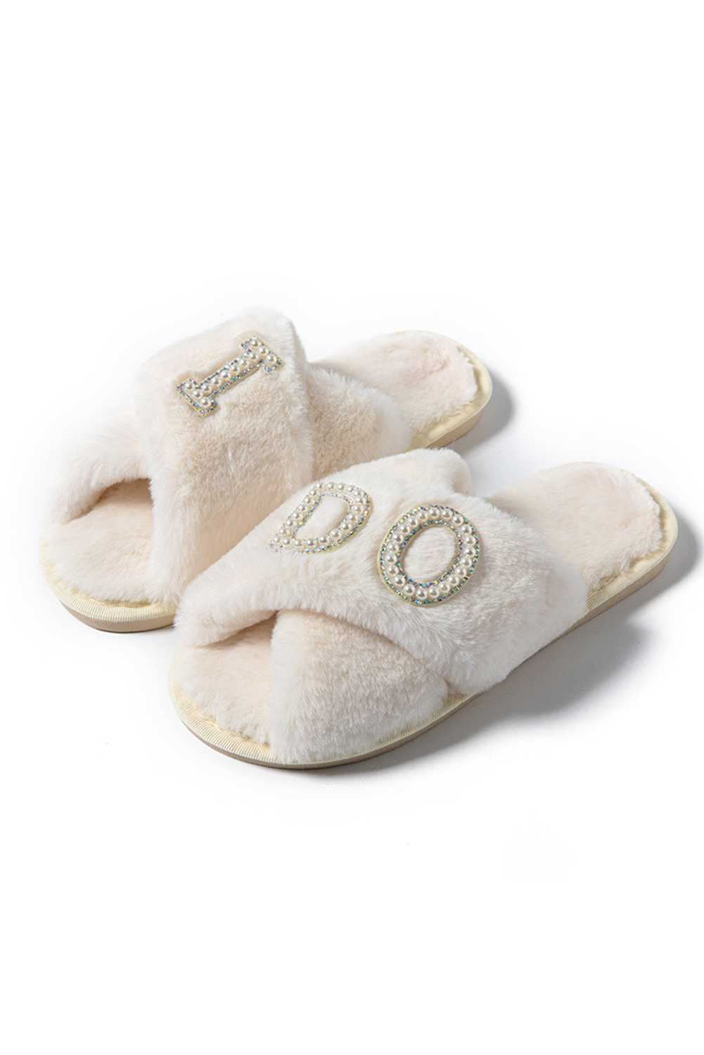 White I DO Pearl Letter Design Cross Band Plush Slippers - loveforevers