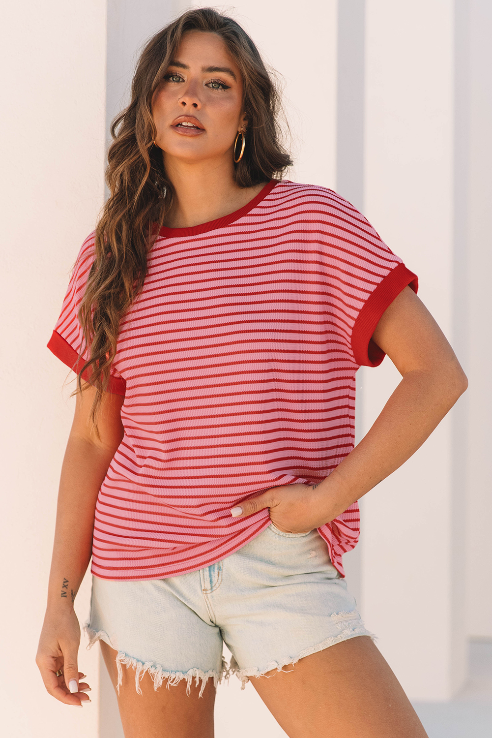 Pink Stripe Knitted Round Neck T Shirt - loveforevers