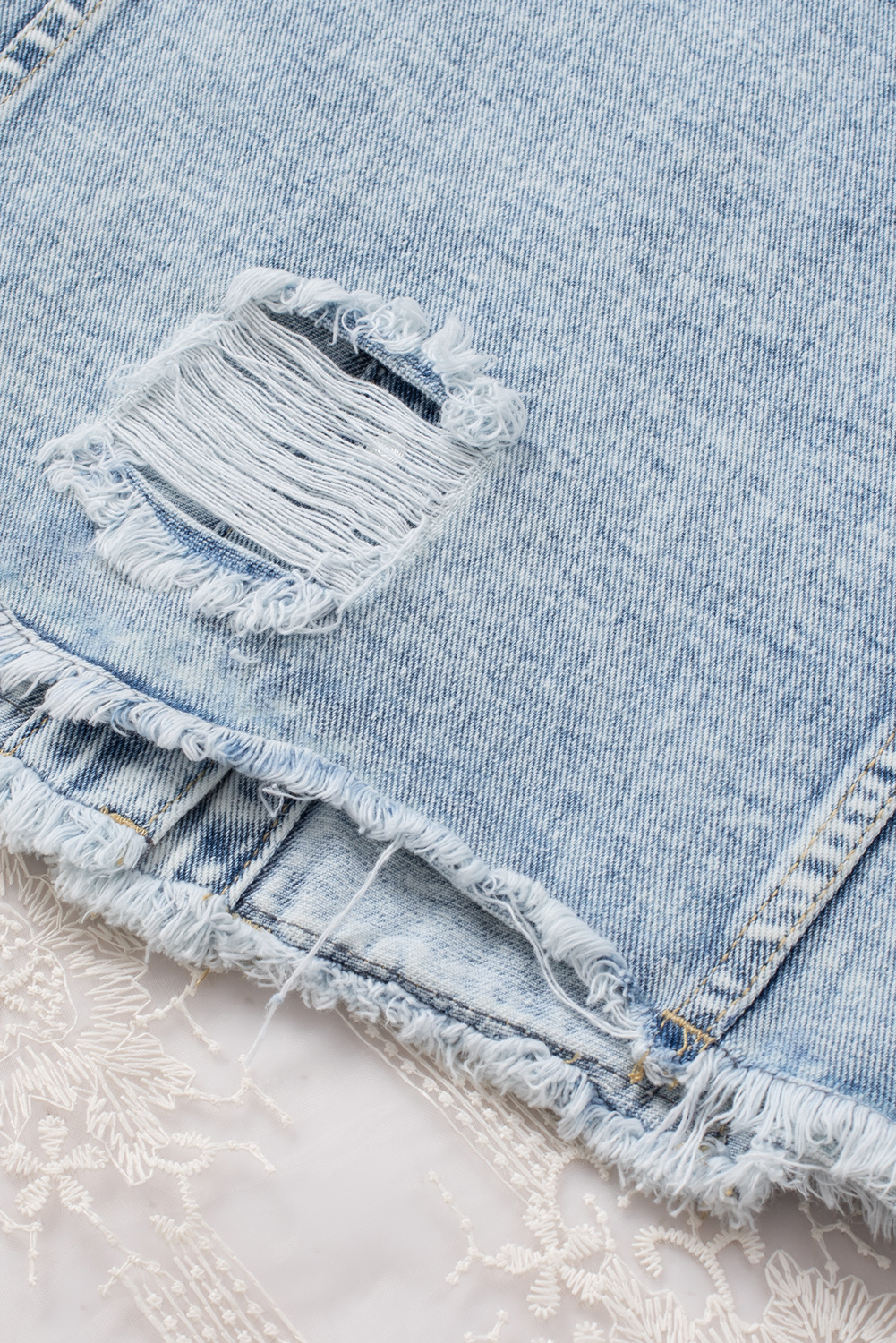 Sky Blue Lapel Distressed Raw Hem Buttons Denim Jacket - loveforevers