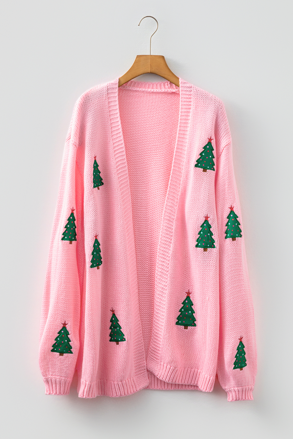 Light Pink Christmas Tree Print Open Front Drop Shoulder Midi Cardigan - loveforevers