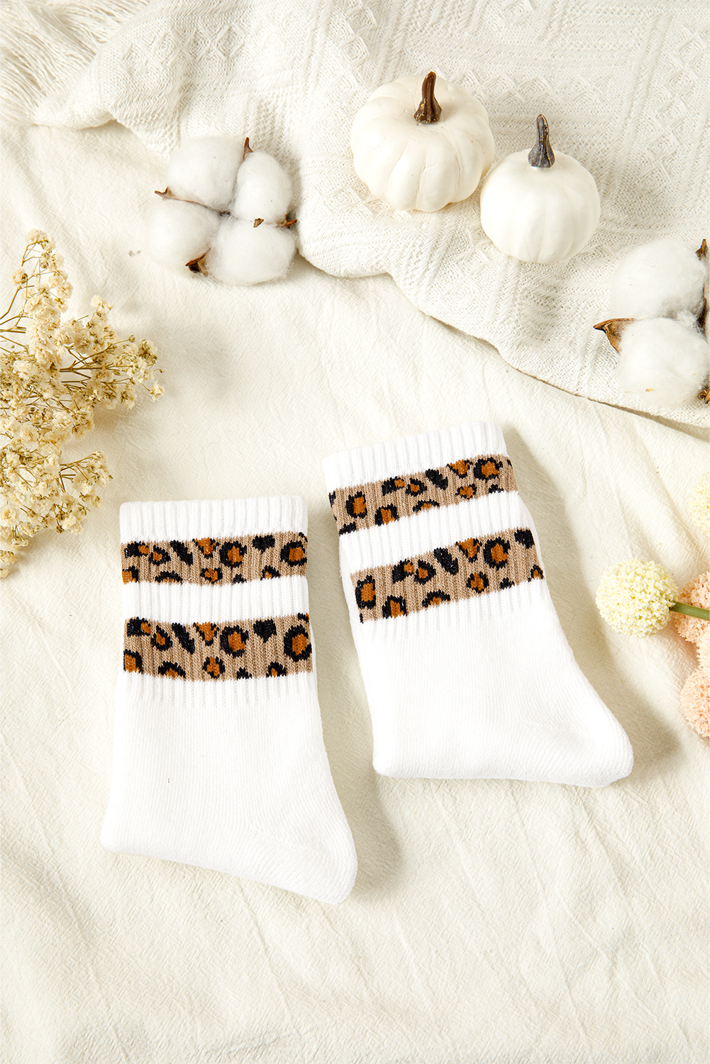 White Leopard Striped Detail Ribbed Cuffs Womens Socks - loveforevers