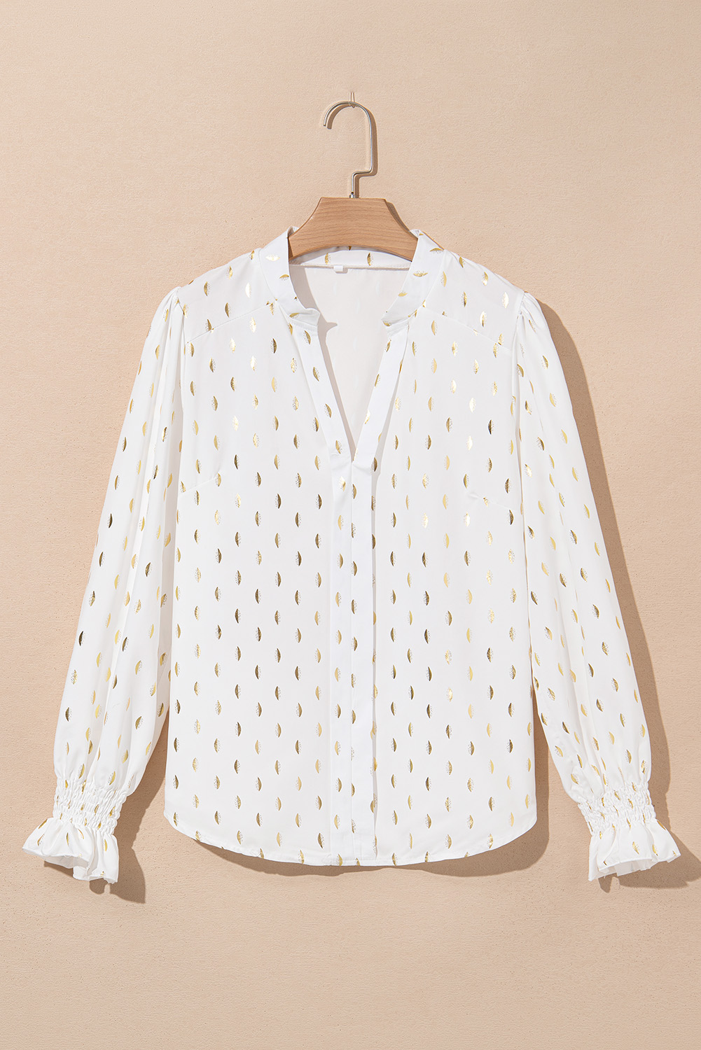 Beige Foil Crescent Print Notched Neck Flounce Sleeve Blouse - loveforevers