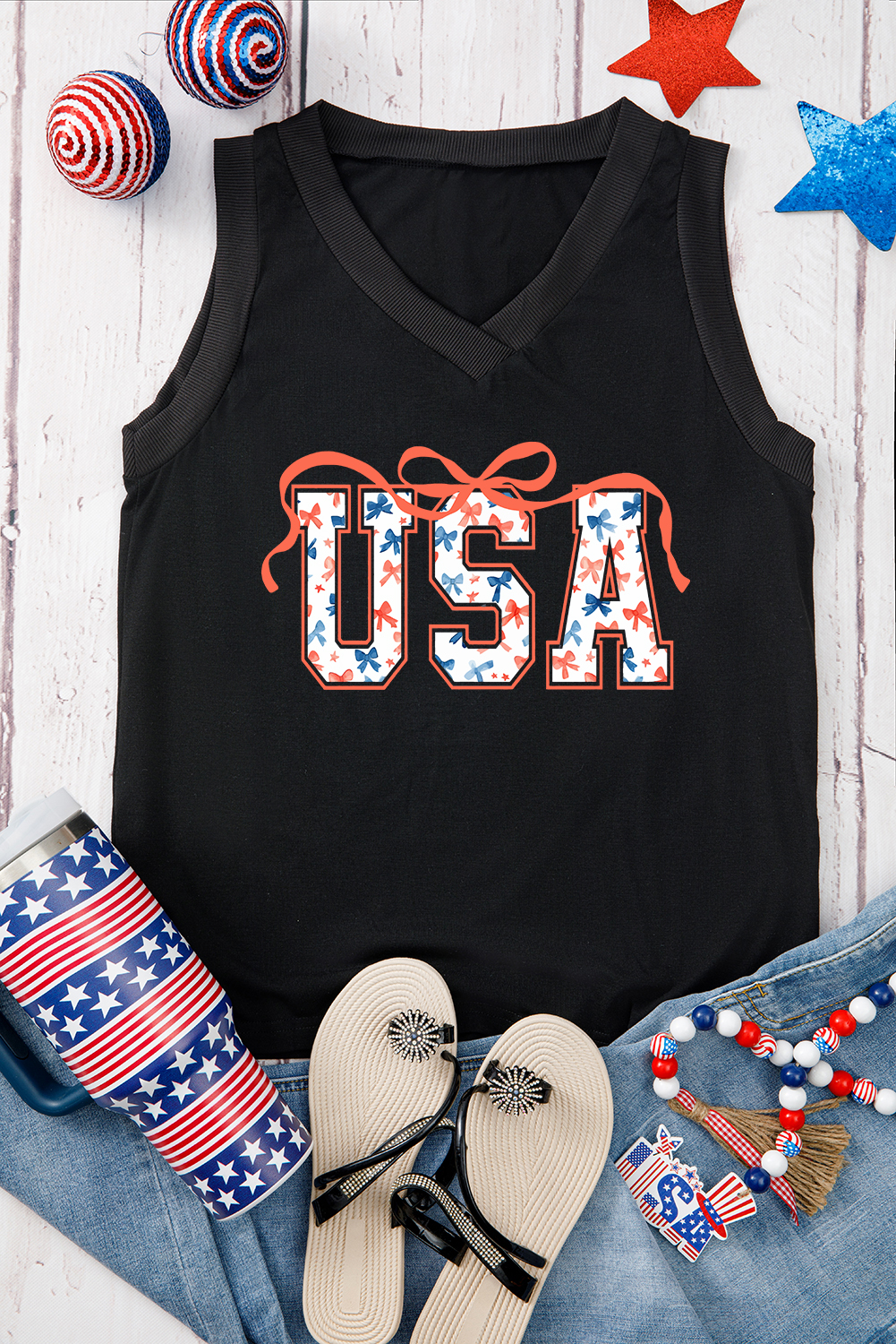 Black USA Bow Tie Print V Neck Tank Top - loveforevers
