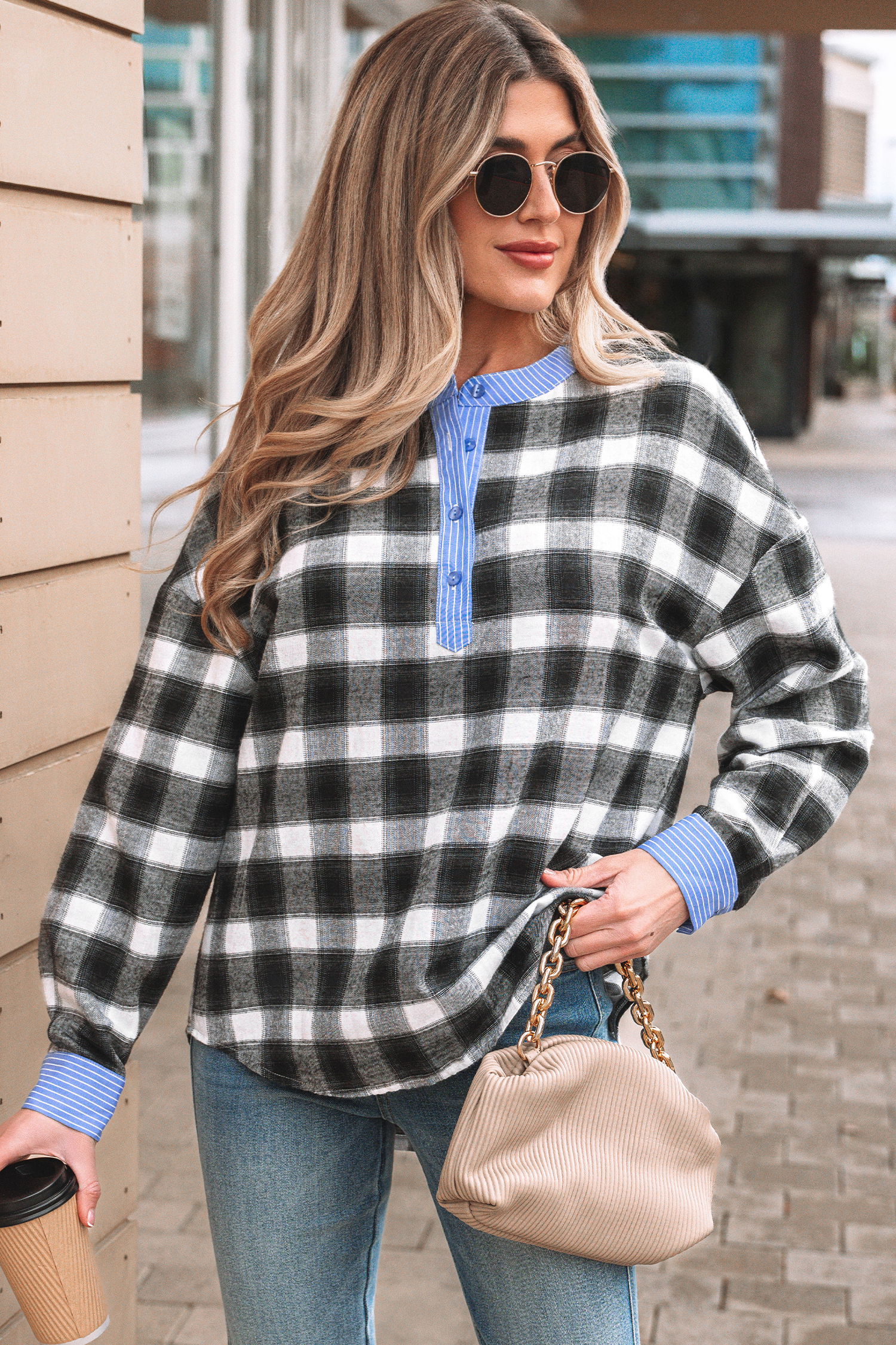 Black Contrast Striped Edge Half Placket Plaid Blouse - loveforevers