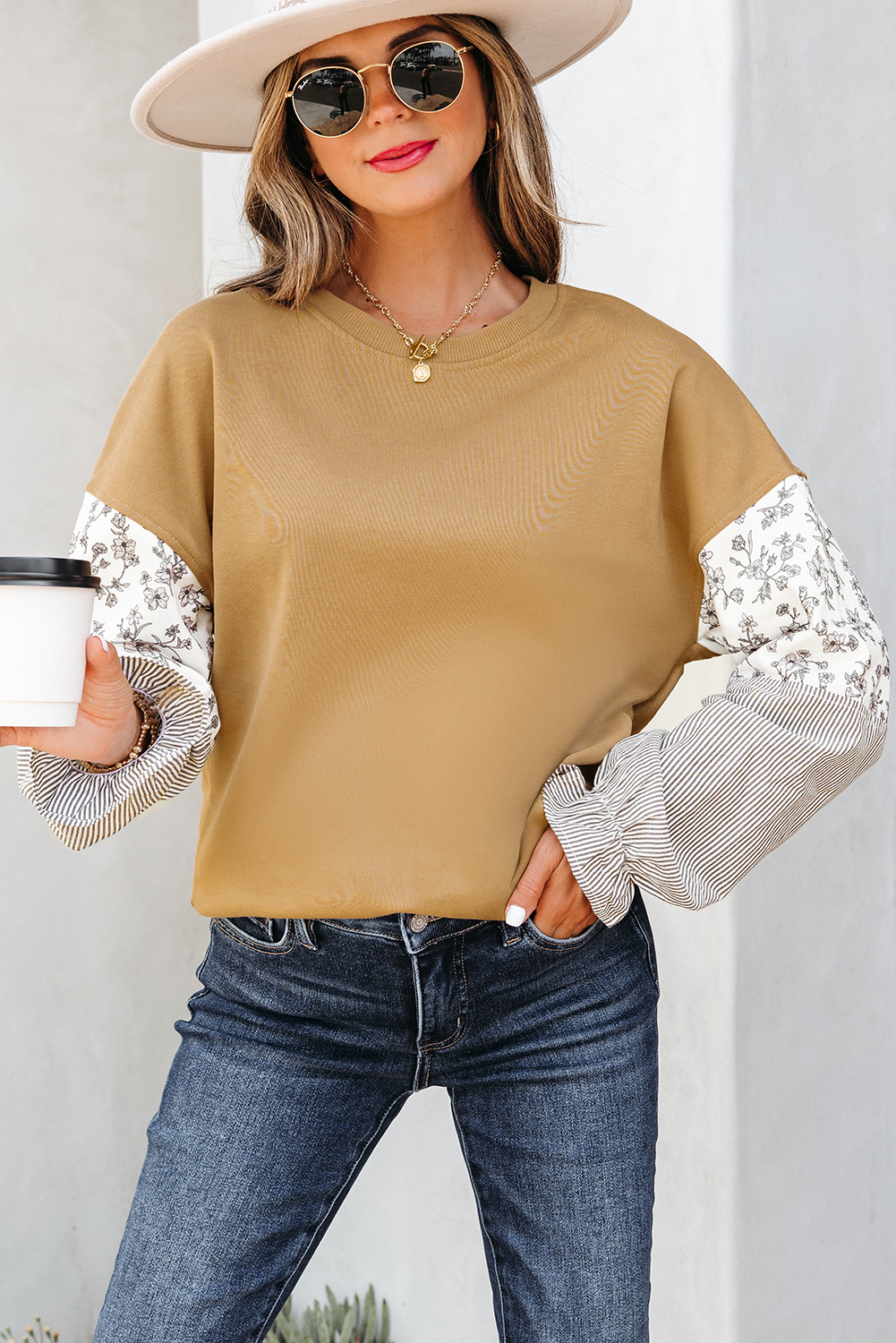 Camel Floral Striped Patchwork Ruffled Sleeve Crew Neck Sweatshirt - loveforevers