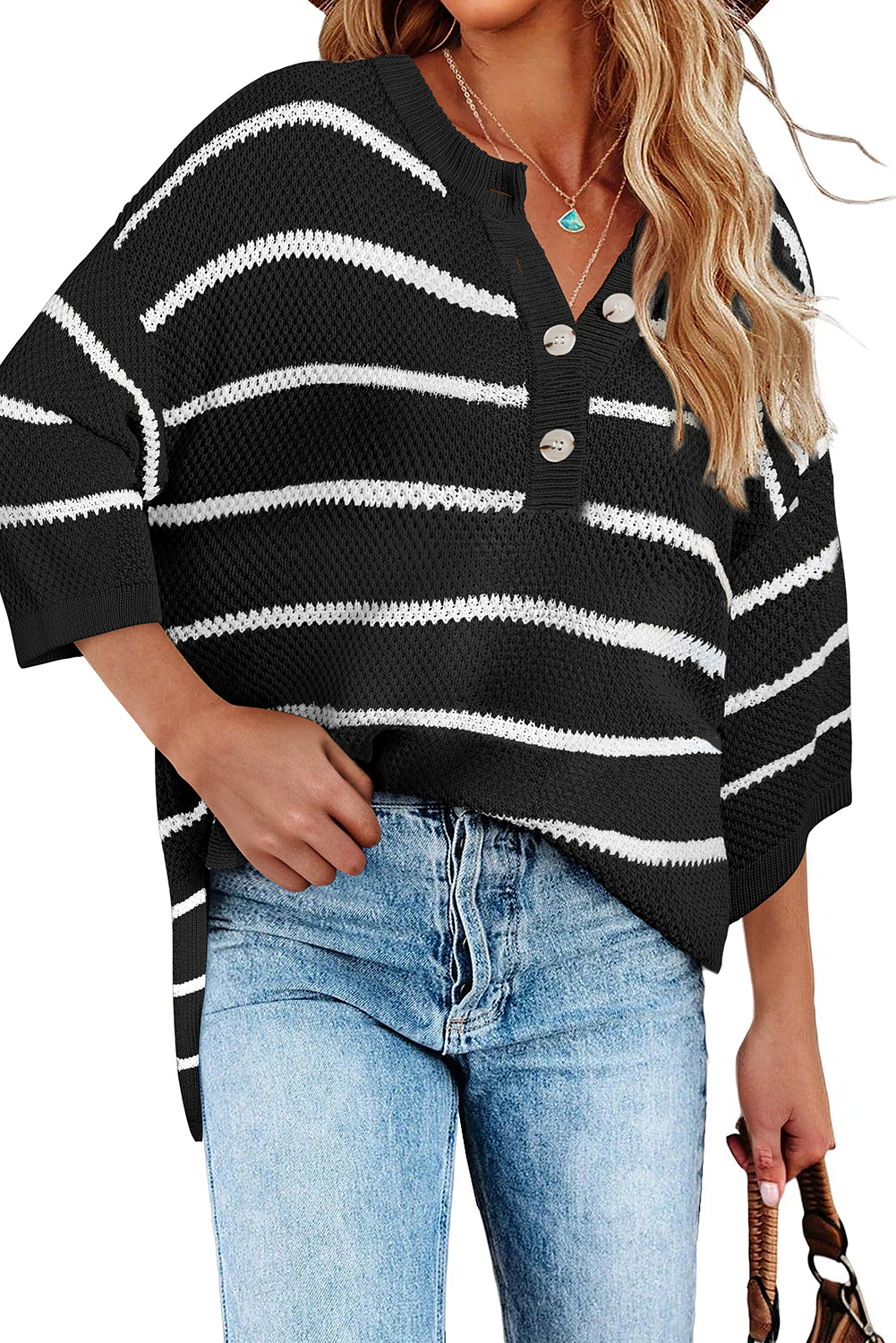Black Stripe Henley Buttoned Placket Drop Shoulder Bracelet Sleeve Knit Sweater Tee - loveforevers