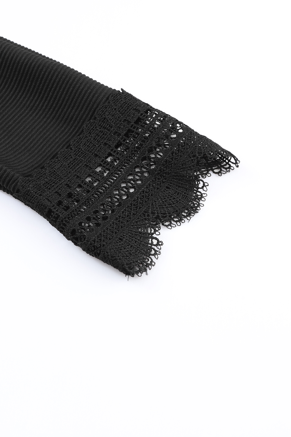 Black Ribbed Texture Lace Trim V Neck Long Sleeve Top - loveforevers