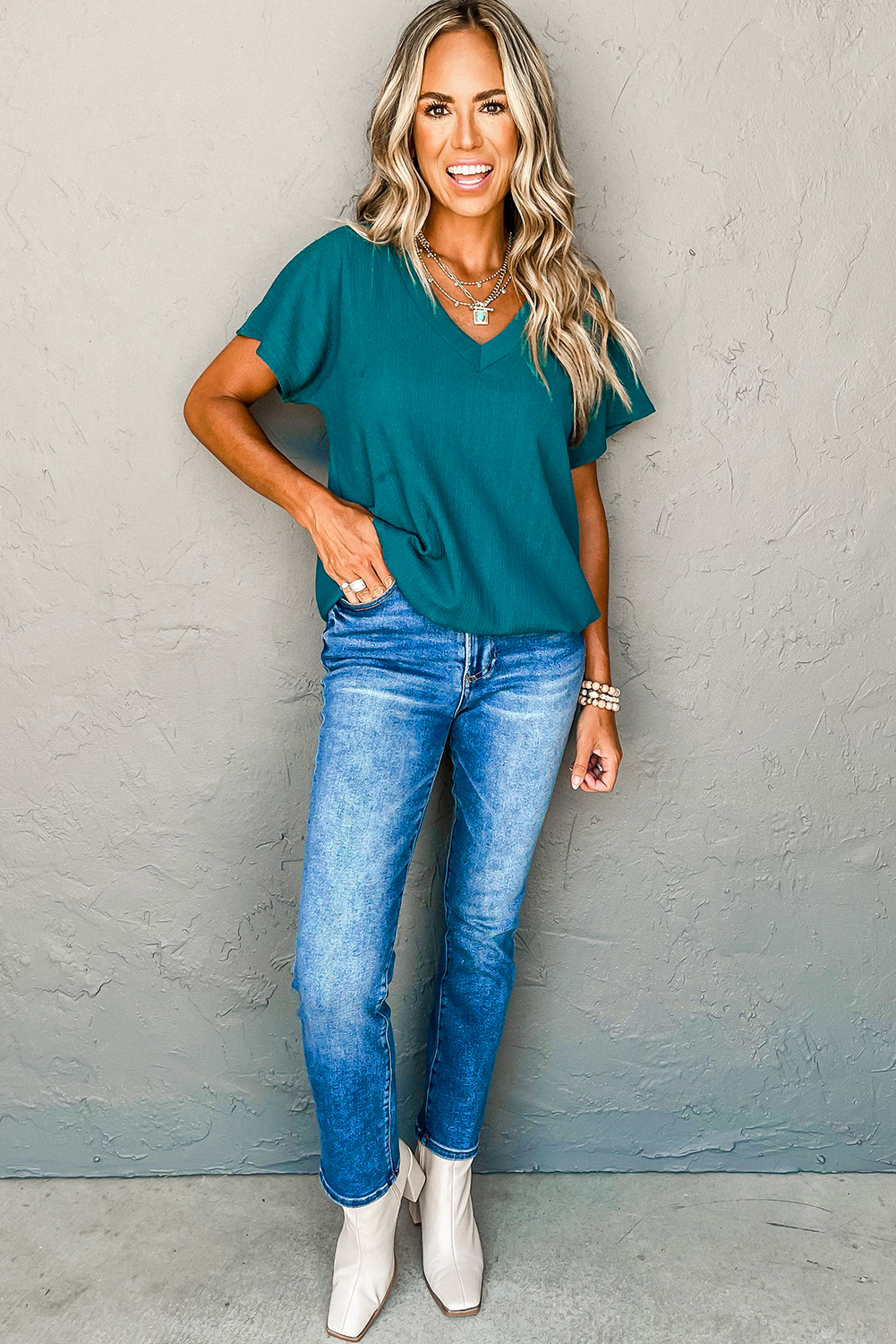 Bright Pink Crinkled V Neck Wide Sleeve T-shirt - loveforevers