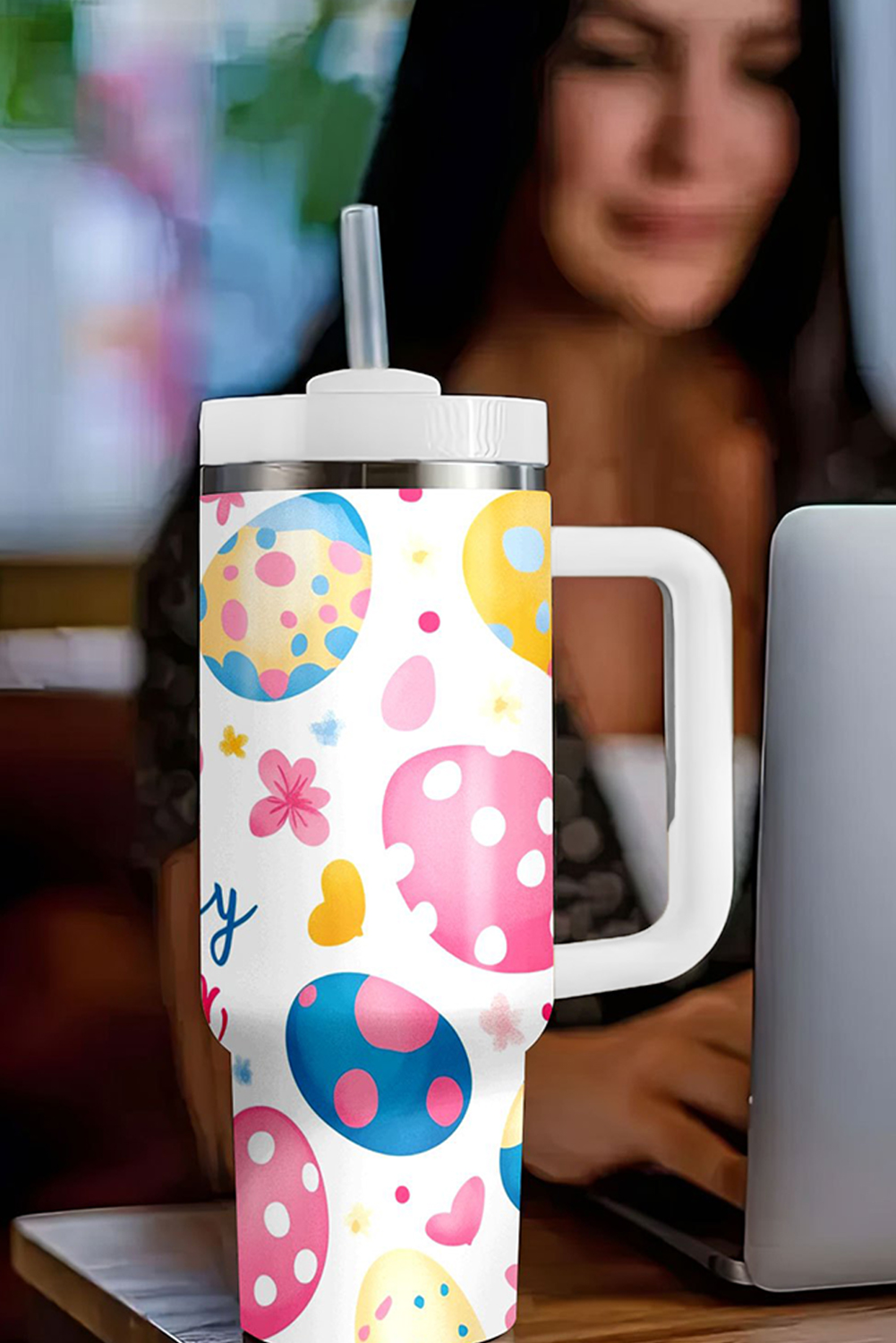 White Happy Easter Bunny Eggs Printed Thermal Tumbler - loveforevers