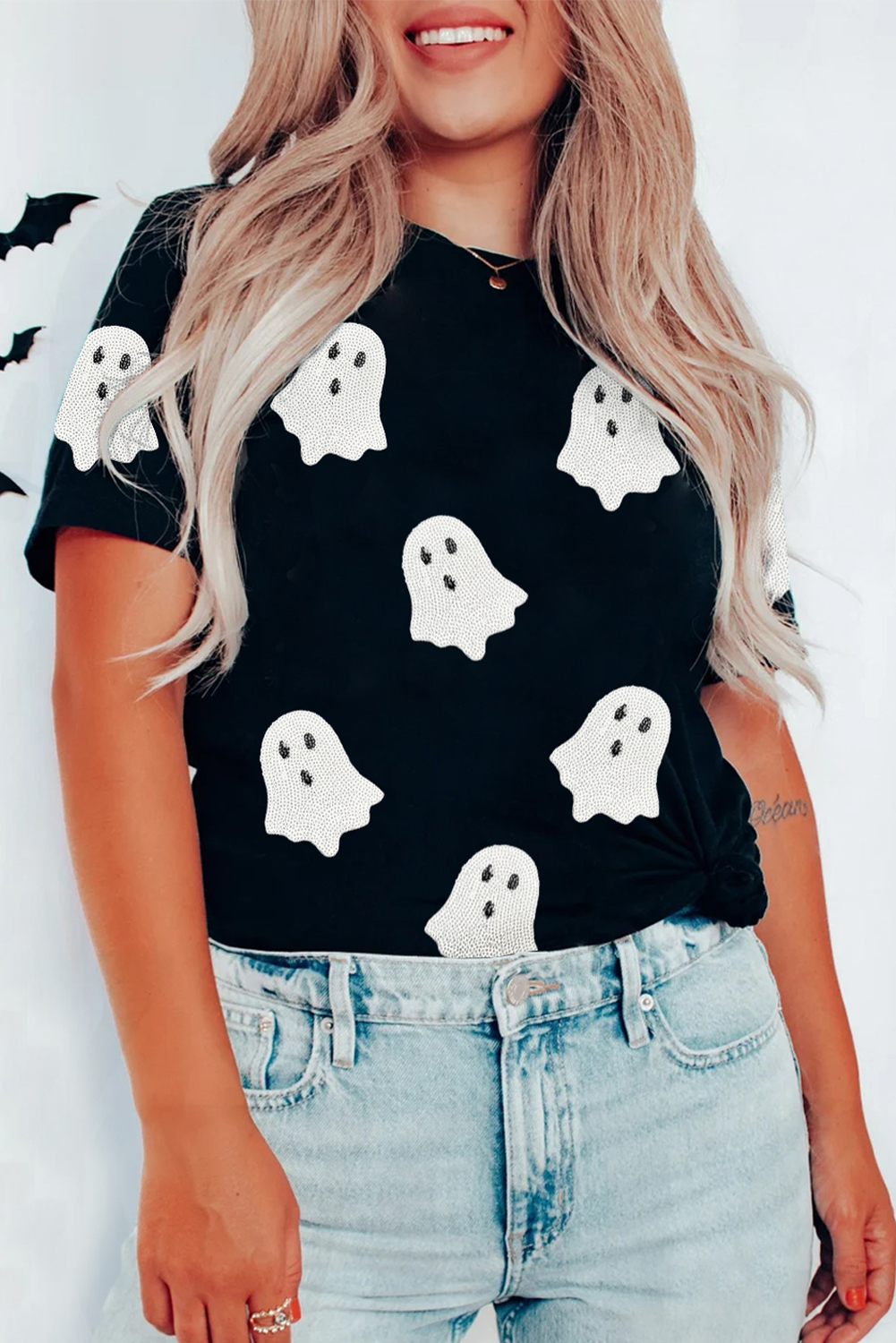 Wisteria Glitter Trim Chenille Ghost Patched Halloween Graphic Tee - loveforevers