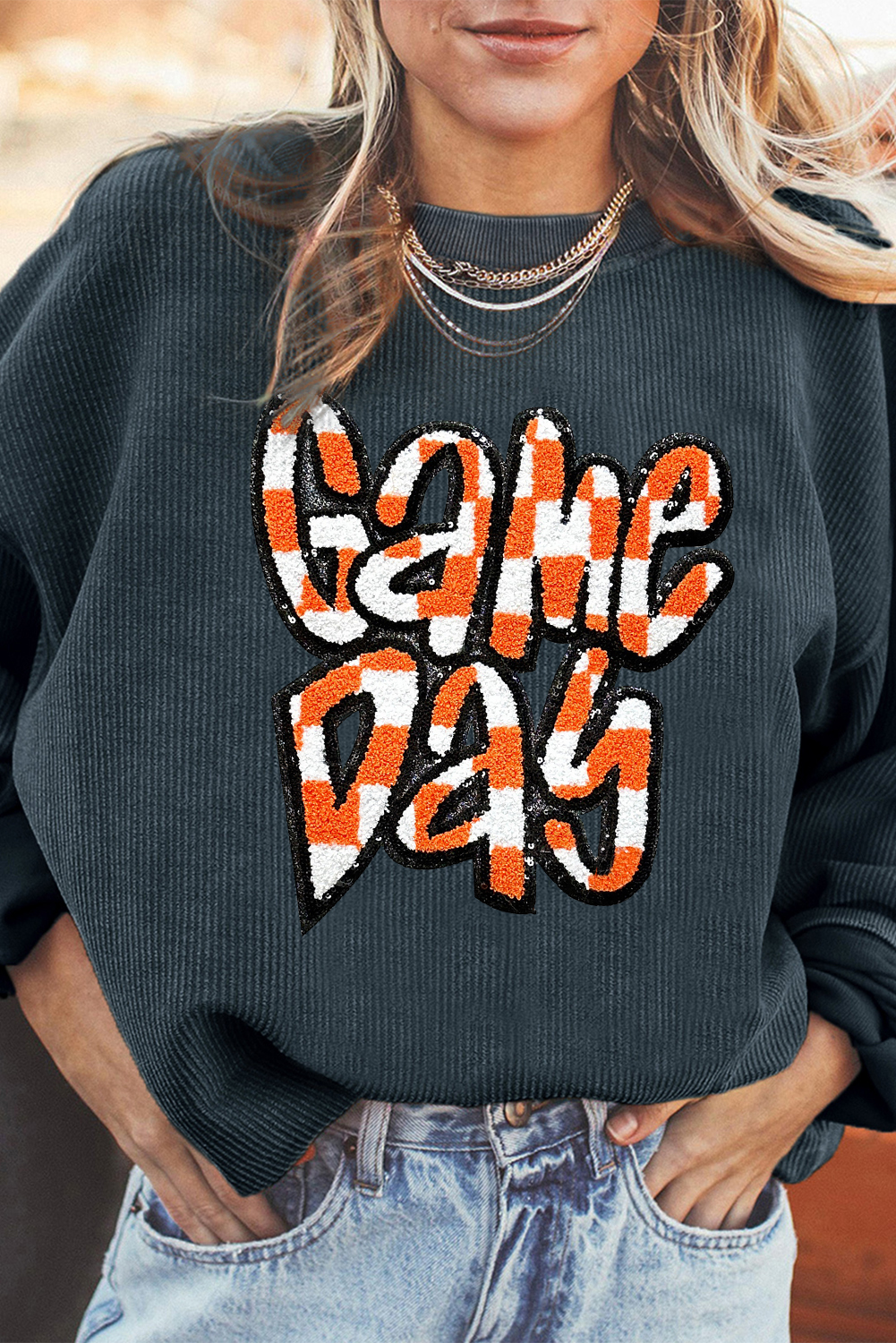 Dark Grey Chenille Checkered Game Day Graphic Drop Shoulder Corded Sweatshirt - loveforevers