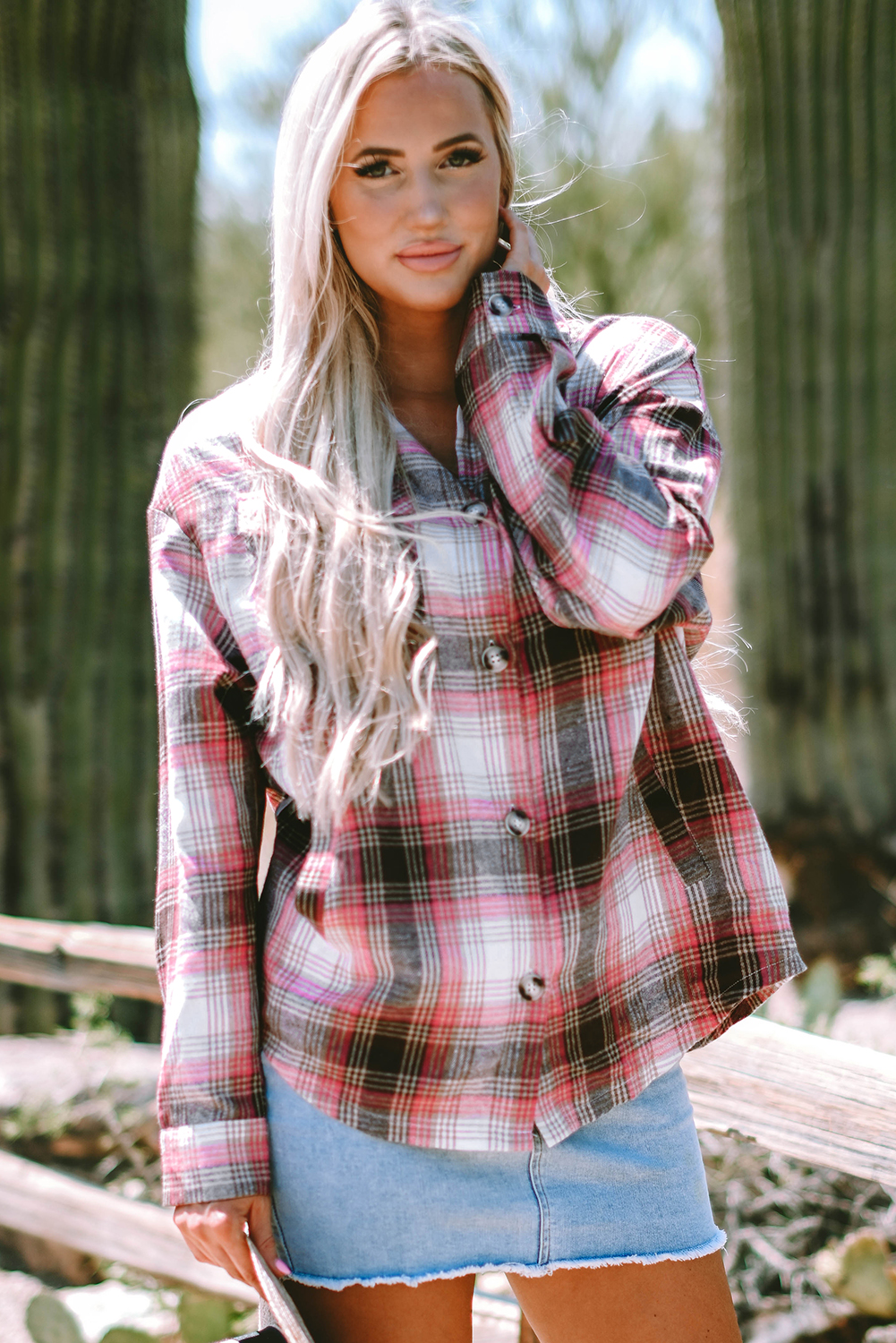 Pink Plaid Flap Pocket Button Up Shacket - loveforevers