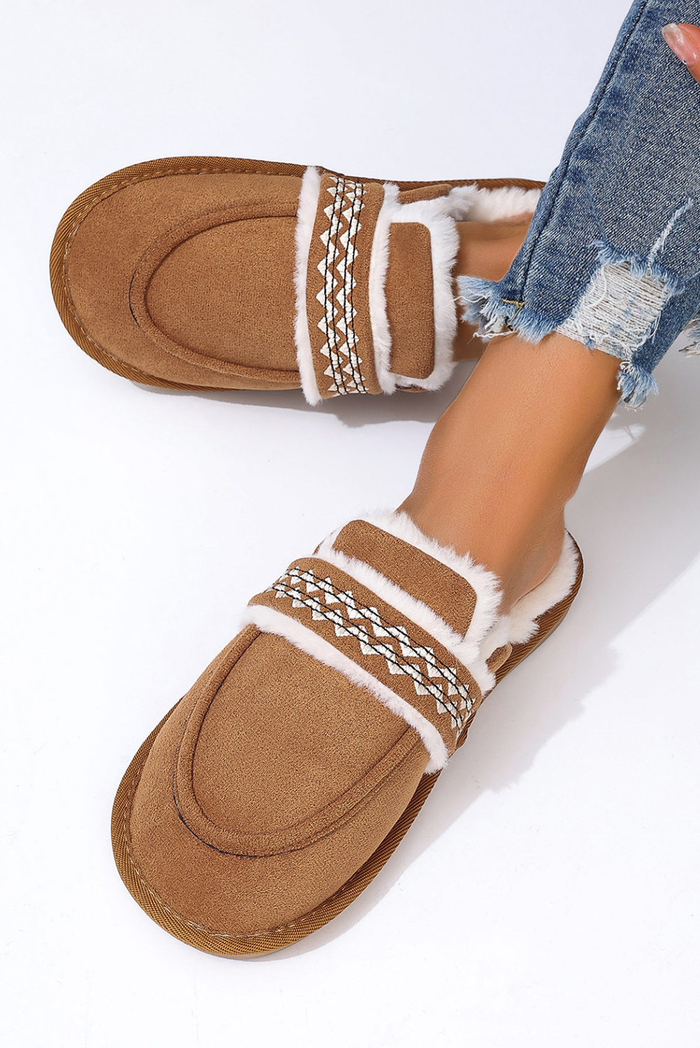 Chestnut Suede Wavy Striped Plush Lined Slippers (Run Small, Size Up) - loveforevers