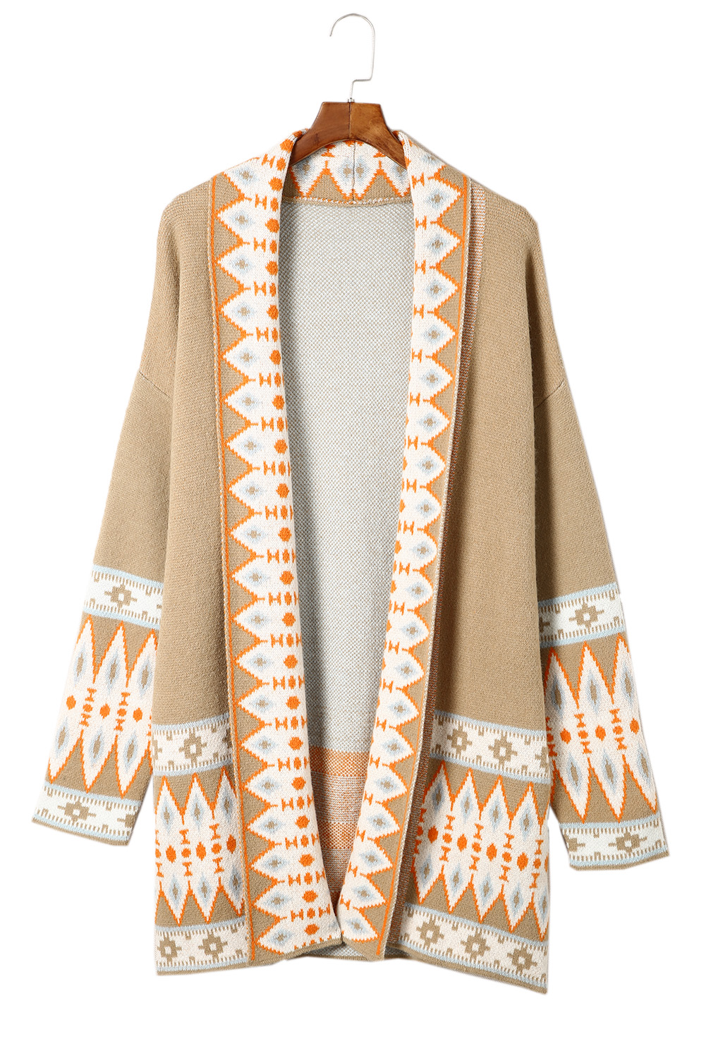 Brown Aztec Print Open Front Knitted Cardigan - loveforevers