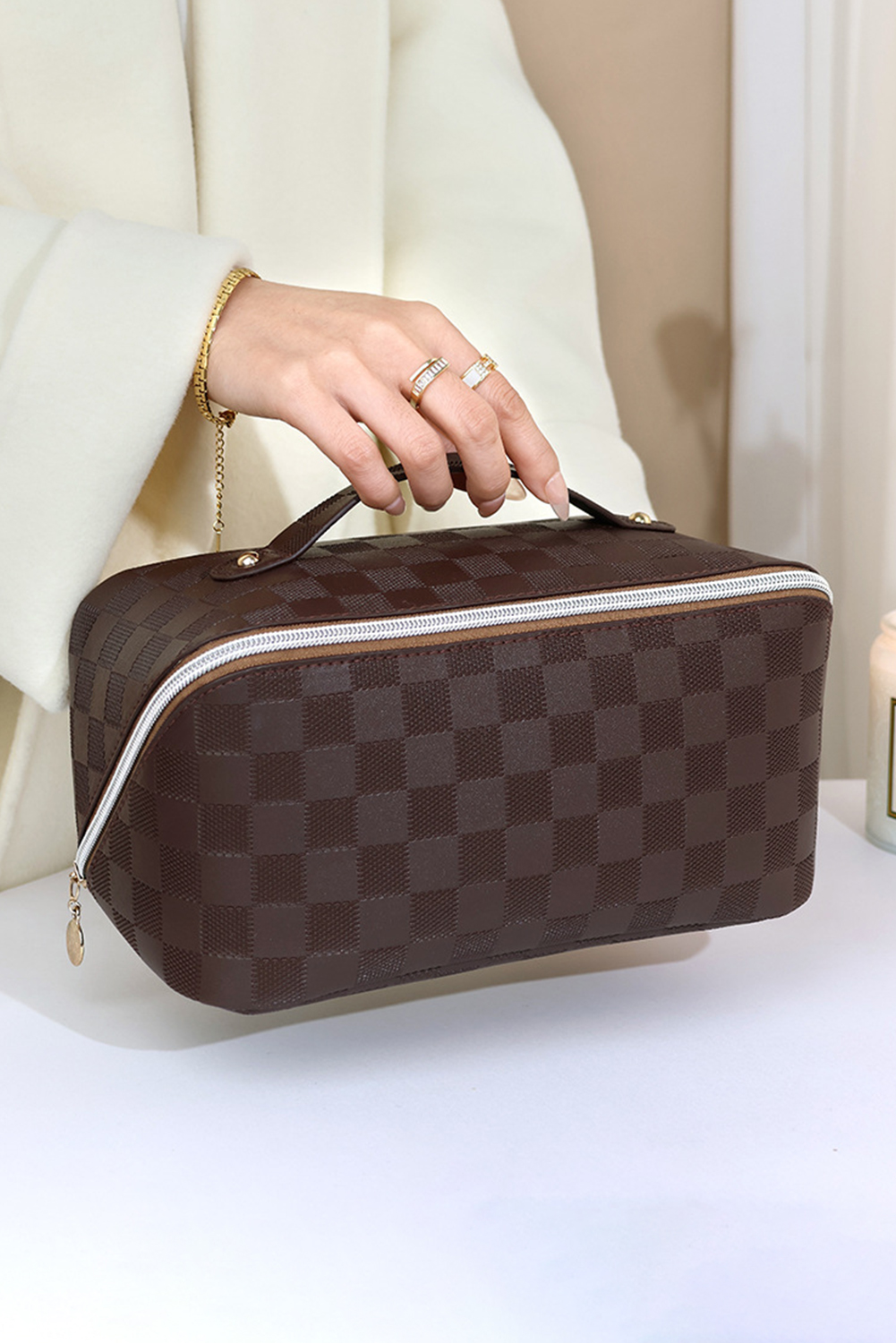 Chestnut Checkered Zipper Handle PU Leather Travel Makeup Bag - loveforevers