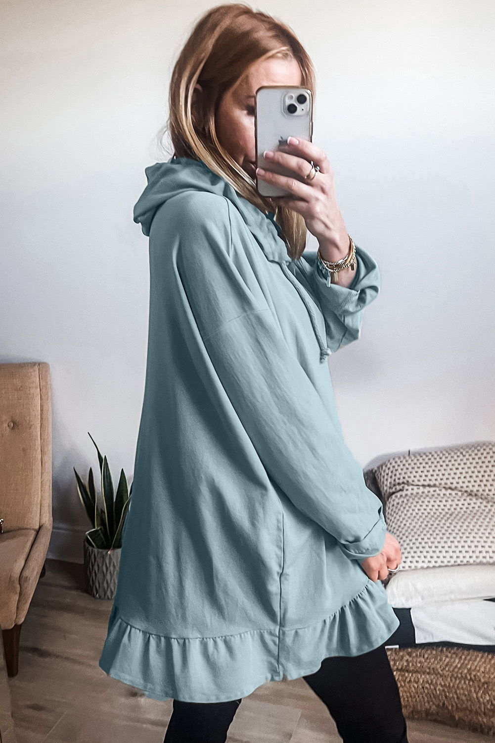 Iceland Blue Solid Ruffled Hem Loose Fit Tunic Hoodie - loveforevers
