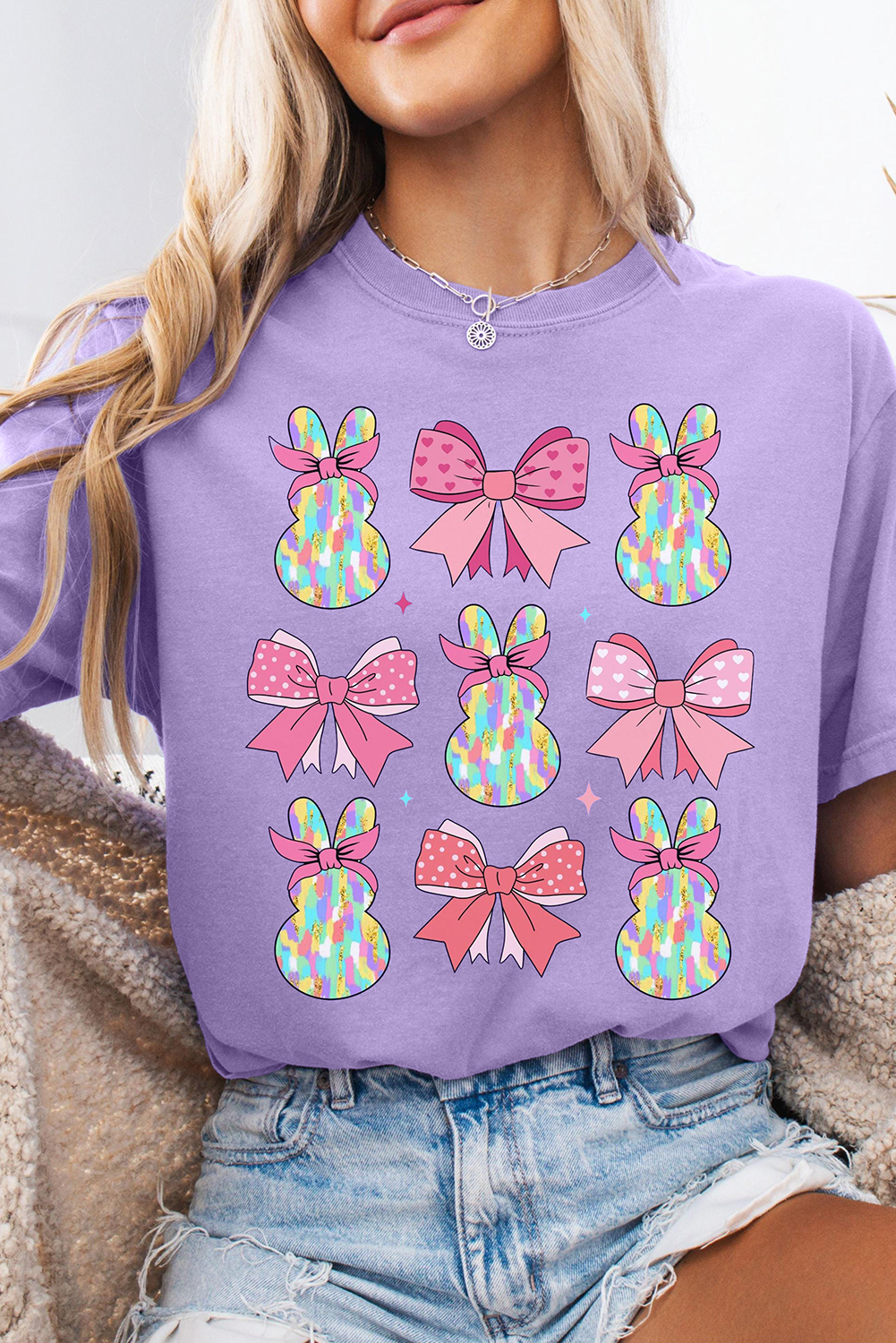 Wisteria Dotty Bowknot Bunny Graphic Crewneck Easter Fashion T Shirt - loveforevers
