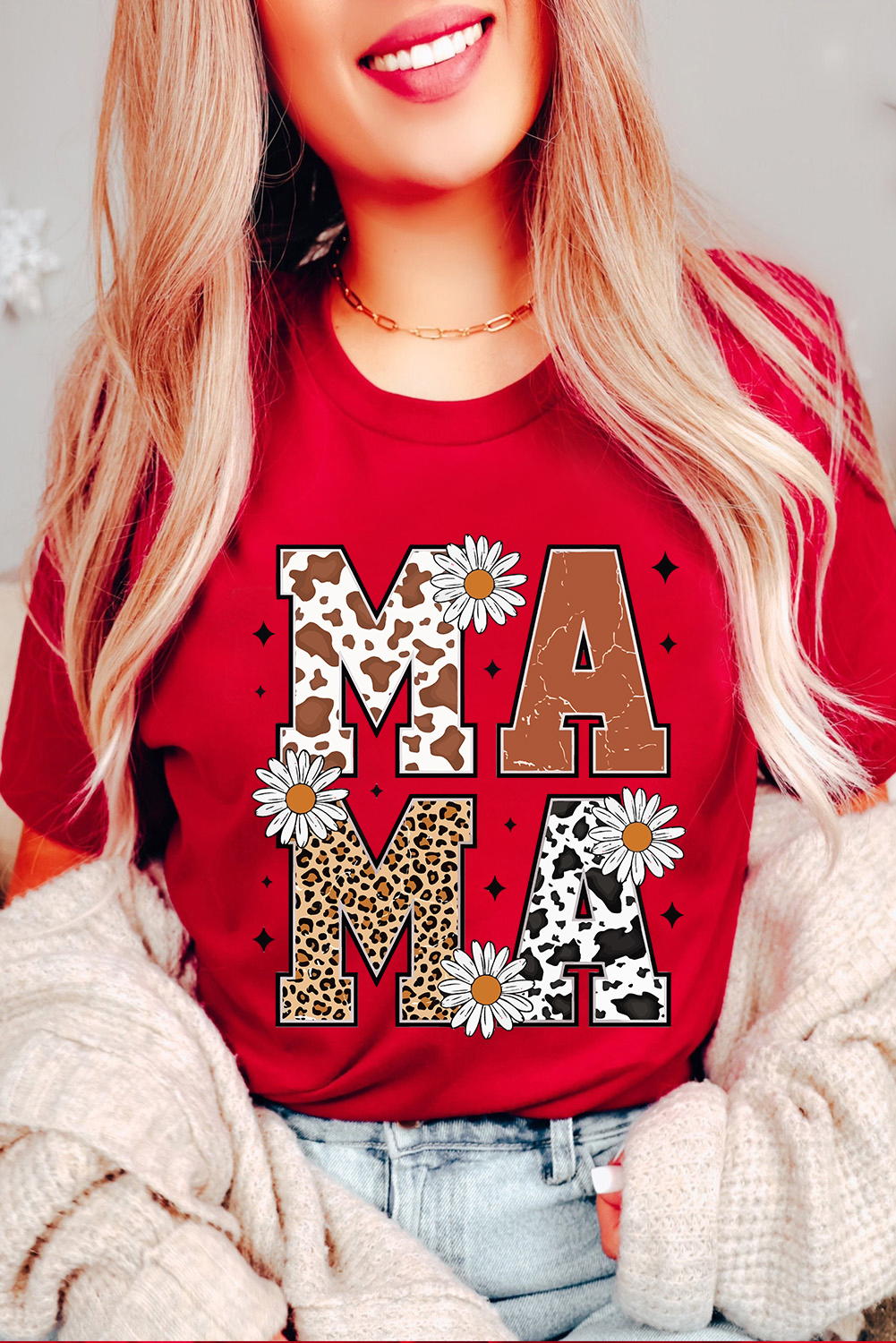 Red Western Animal Spots MAMA Letter Daisy Flower Printed Tee - loveforevers