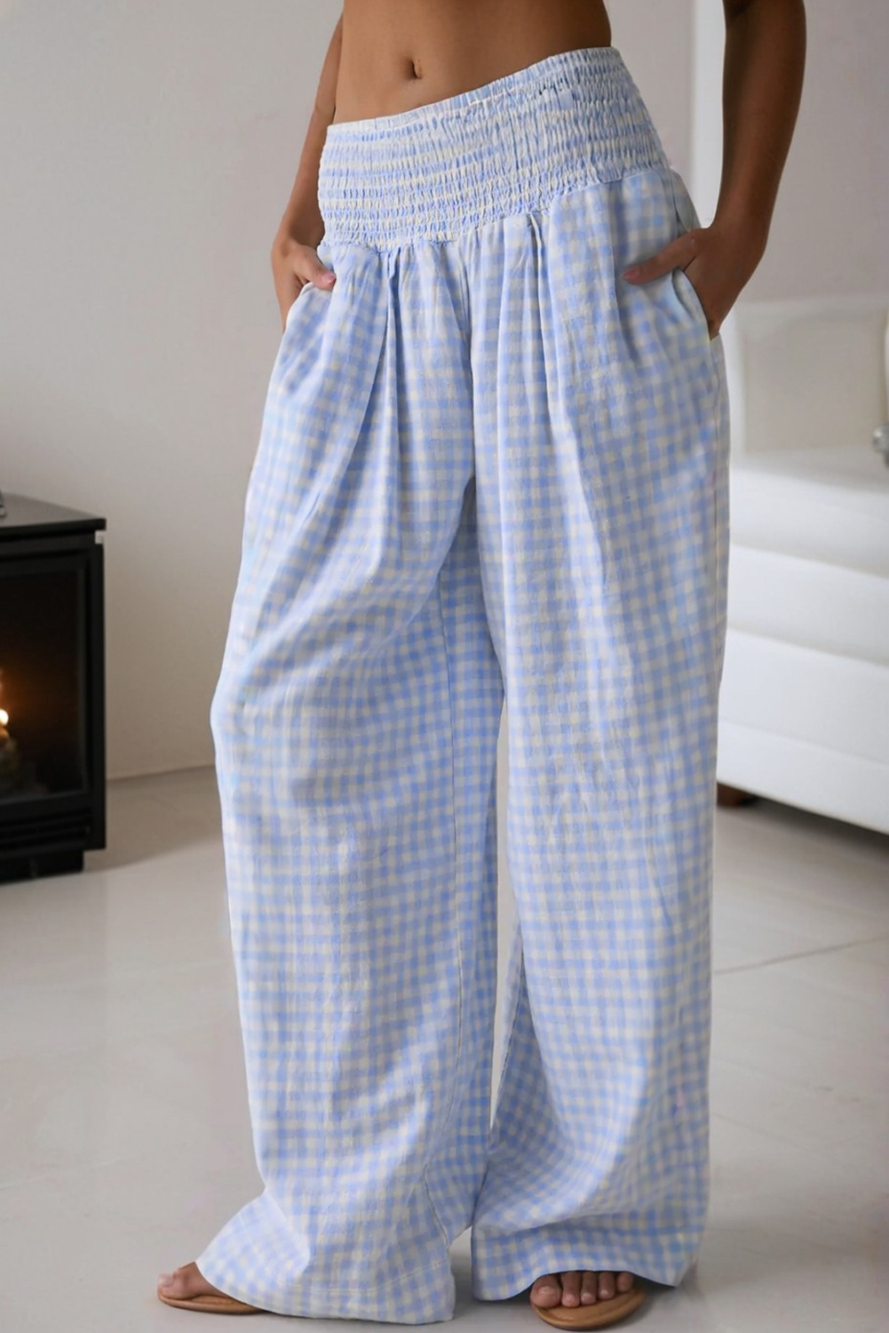 Myosotis Plaid Print Smocked High Waist Womens Loose Pants - loveforevers