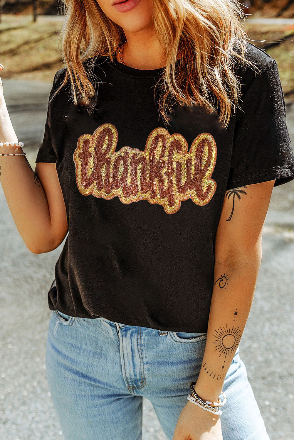 Black Sequined Thankful Round Neck Graphic Tee - loveforevers