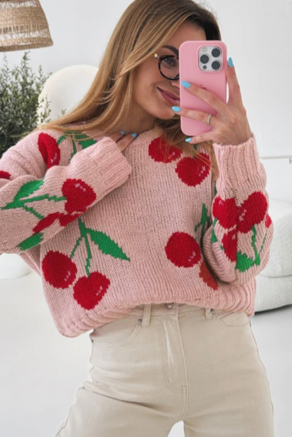 Pink Dainty Cherry Print Loose Cropped Sweater - loveforevers