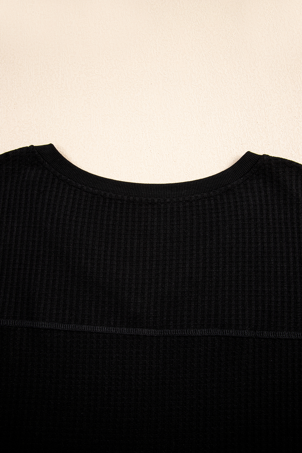 Black Waffle Texture Ribbed V Neck Drop Shoulder Loose Tee - loveforevers