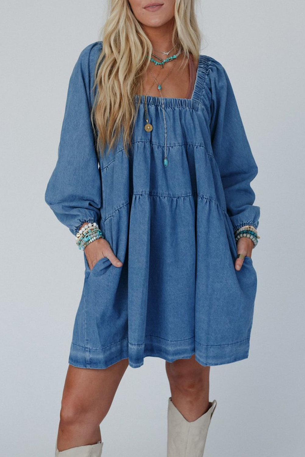 Dusk Blue Square Neck Side Pockets Loose Fit Denim Mini Dress - loveforevers