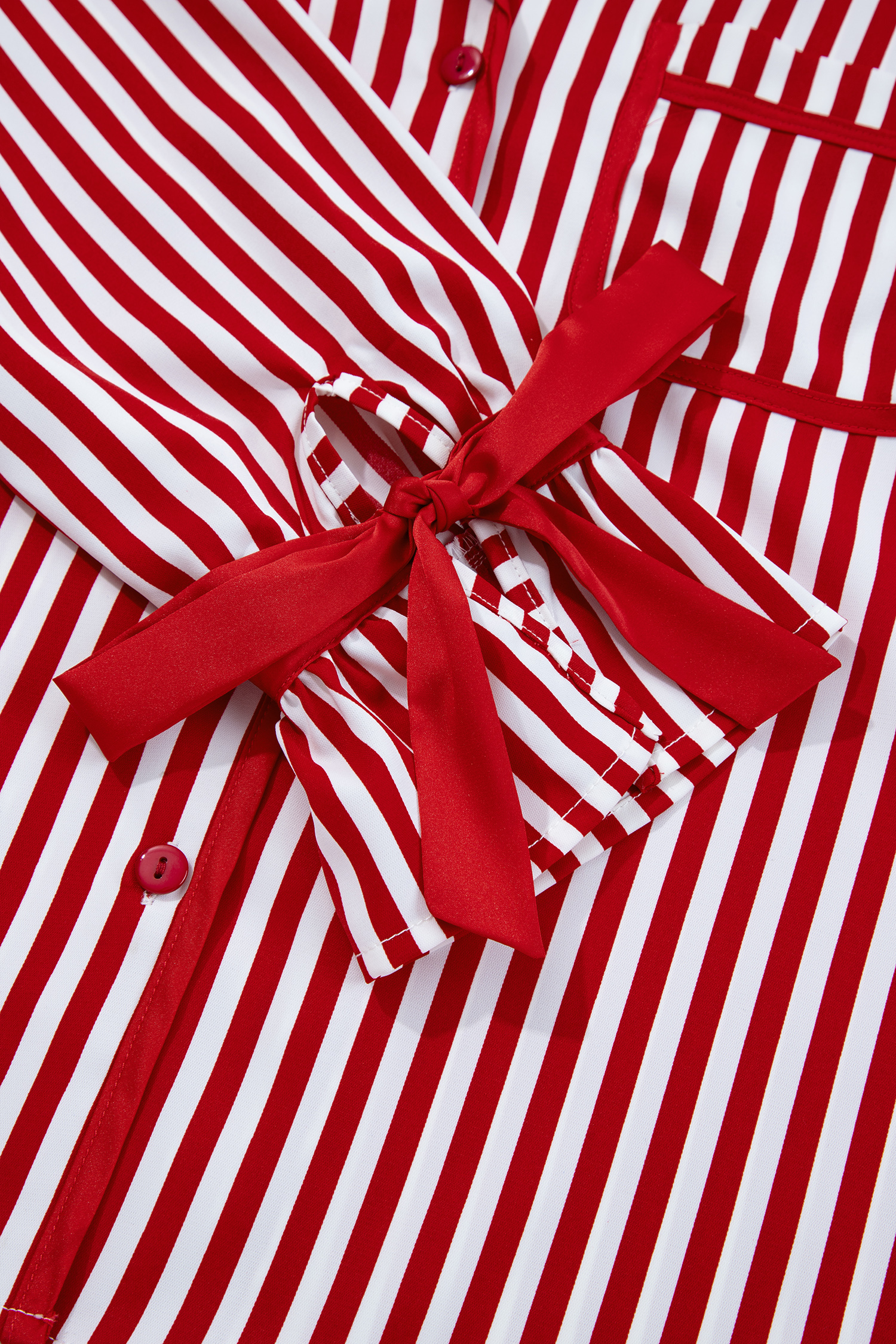 Red Stripe Contrast Velvet Trim Bow Knot Waist 2pcs Pajama Set - loveforevers