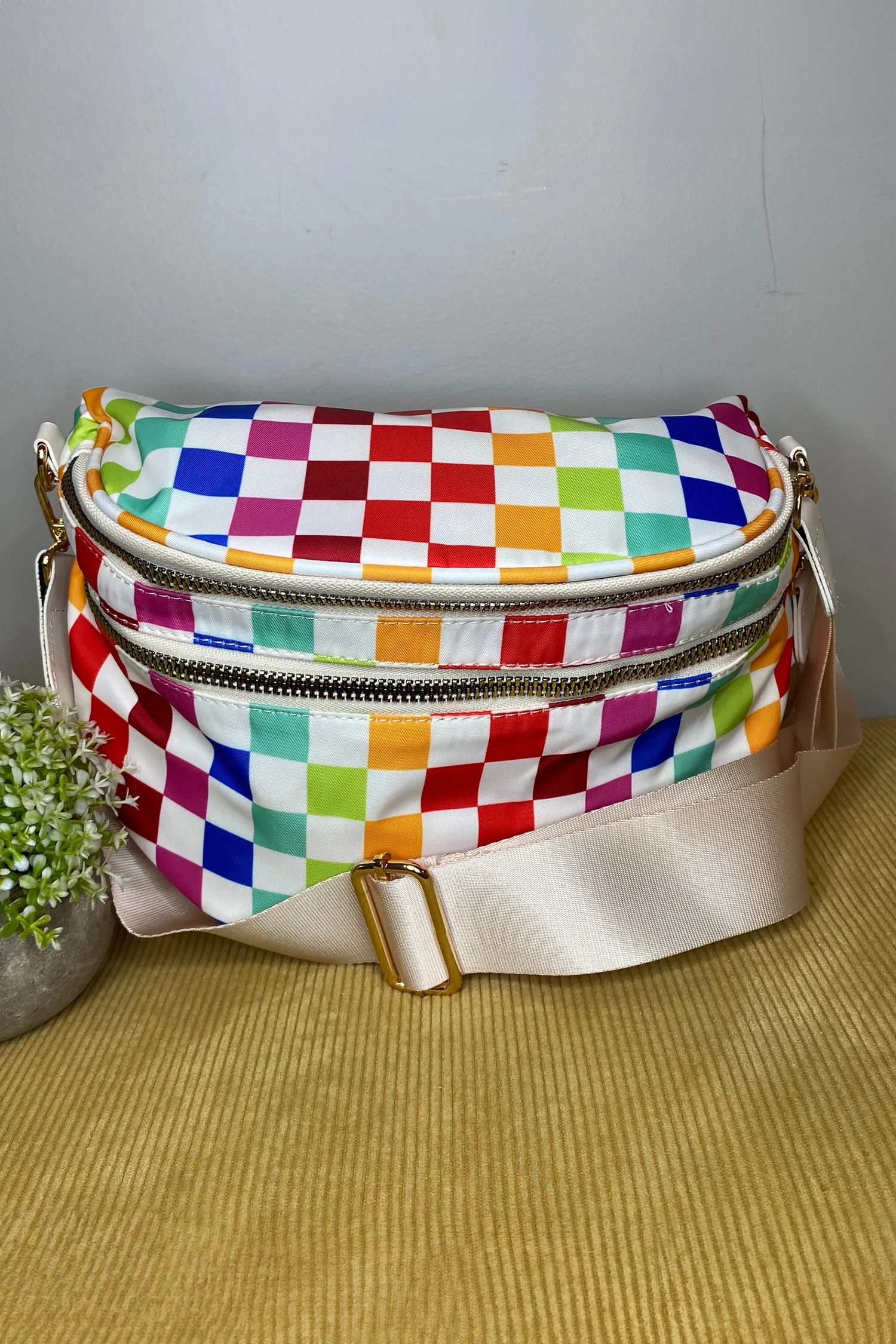 White Pretty Checkerboard Canvas Double Zip Crossbody Bag - loveforevers