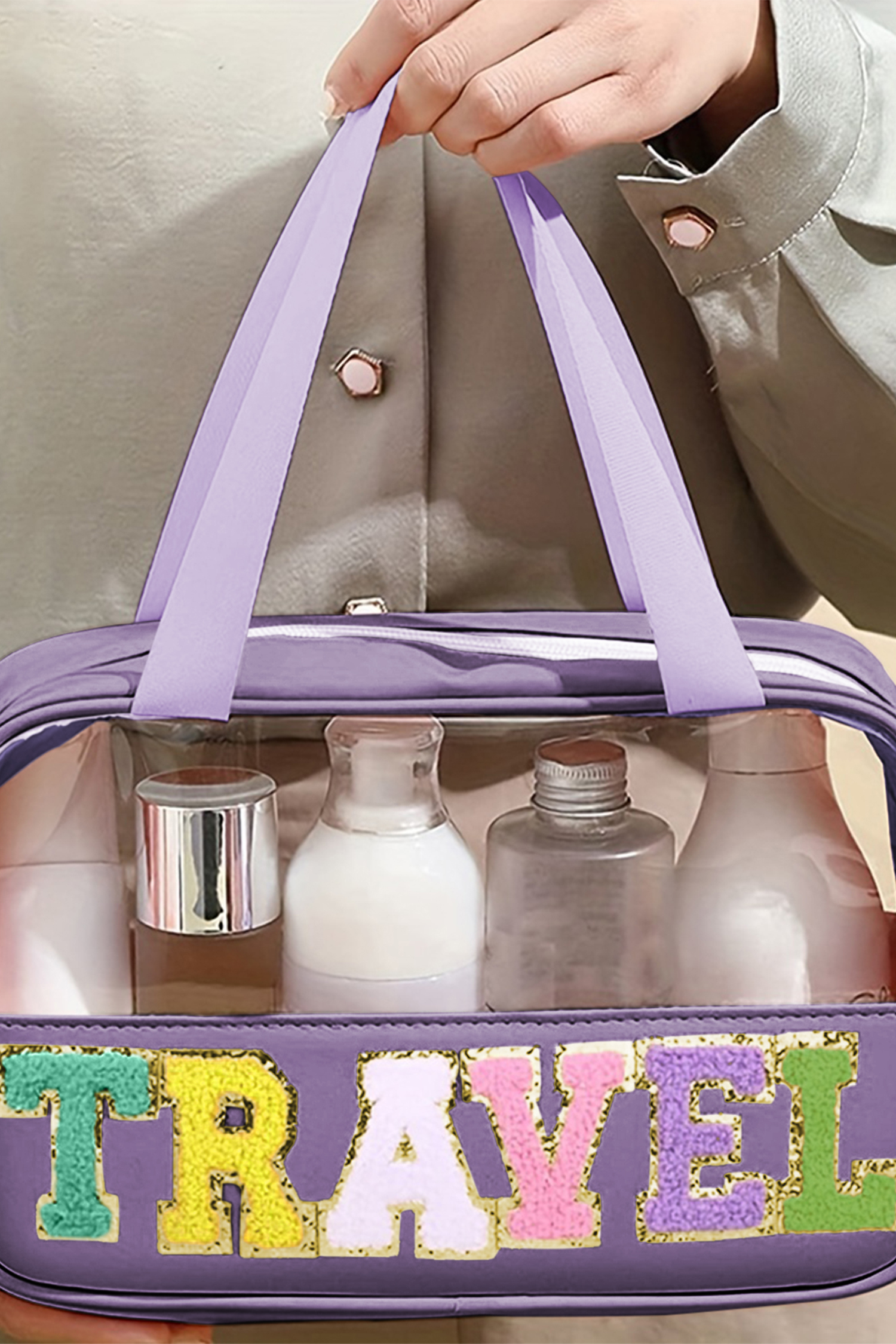 Light Pink TRAVEL Chenille Letter Clear PVC Makeup Bag - loveforevers